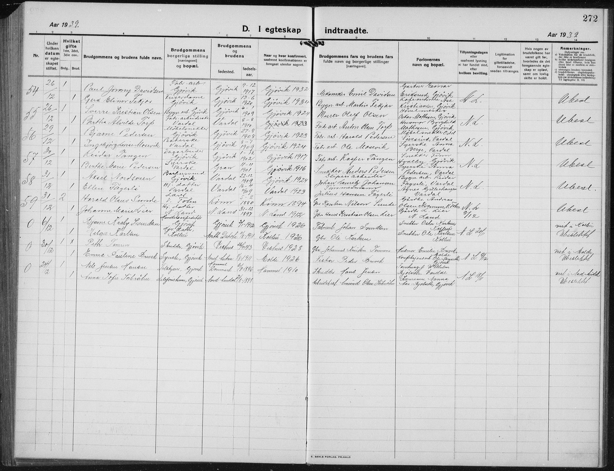 Vardal prestekontor, AV/SAH-PREST-100/H/Ha/Hab/L0017: Parish register (copy) no. 17, 1922-1941, p. 272