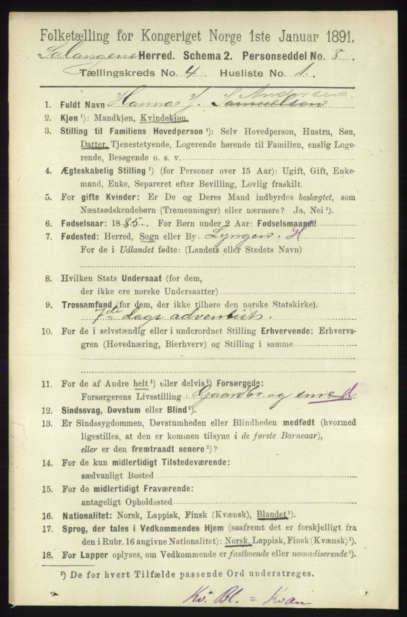 RA, 1891 census for 1921 Salangen, 1891, p. 1837