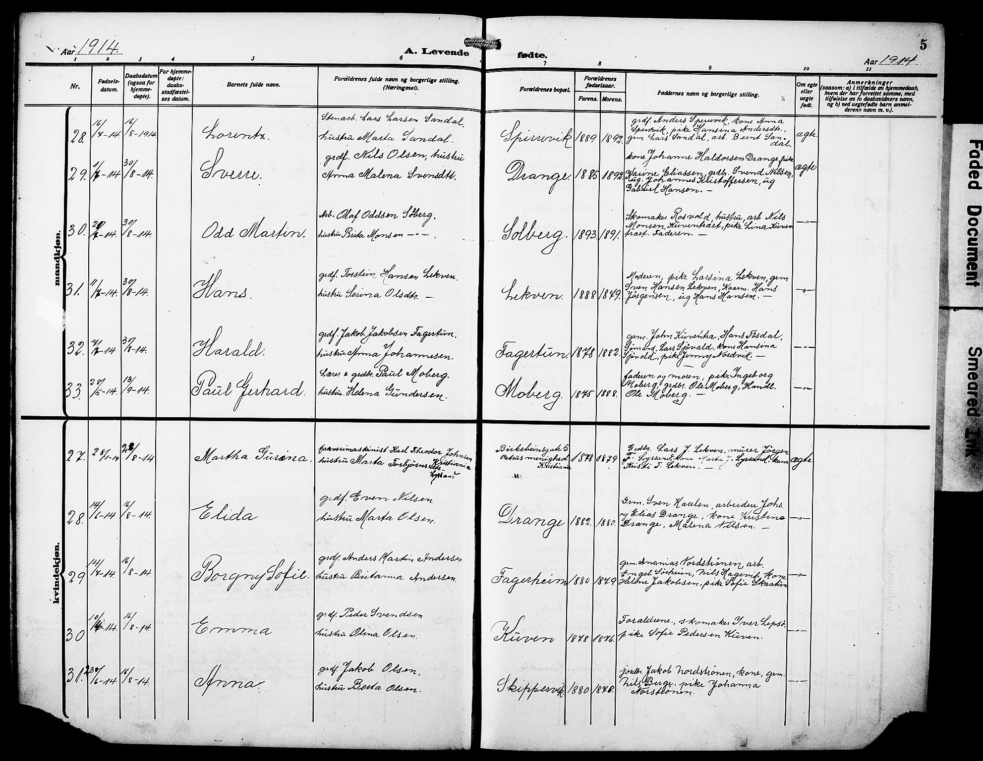 Os sokneprestembete, AV/SAB-A-99929: Parish register (copy) no. A 4, 1914-1923, p. 5