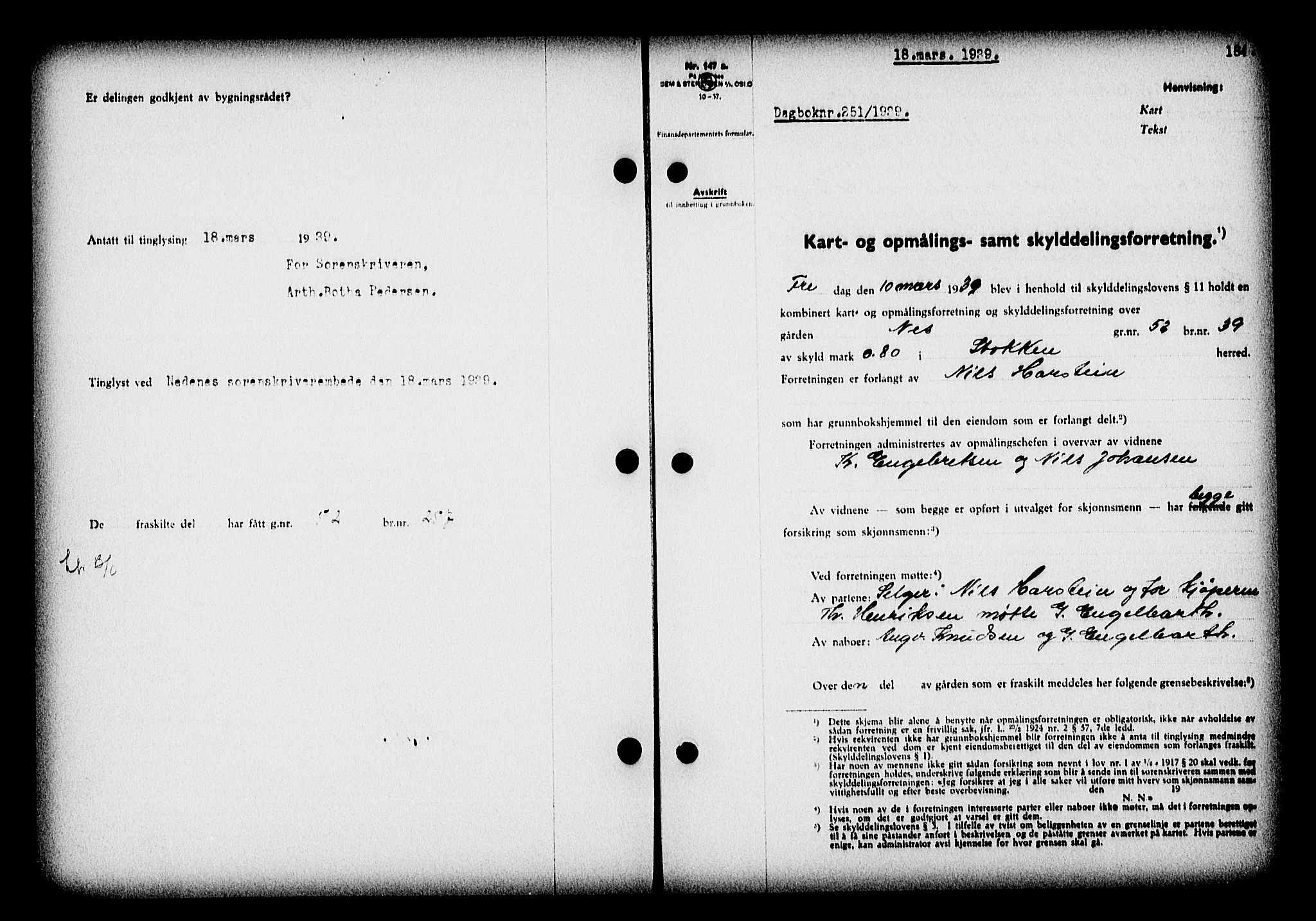 Nedenes sorenskriveri, SAK/1221-0006/G/Gb/Gba/L0046: Mortgage book no. 42, 1938-1939, Diary no: : 251/1939