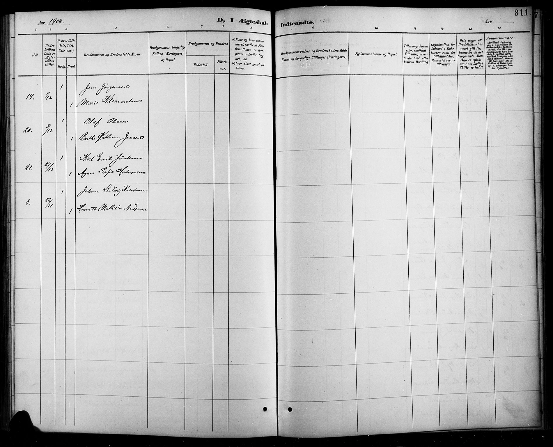 Arendal sokneprestkontor, Trefoldighet, SAK/1111-0040/F/Fb/L0006: Parish register (copy) no. B 6, 1889-1916, p. 311