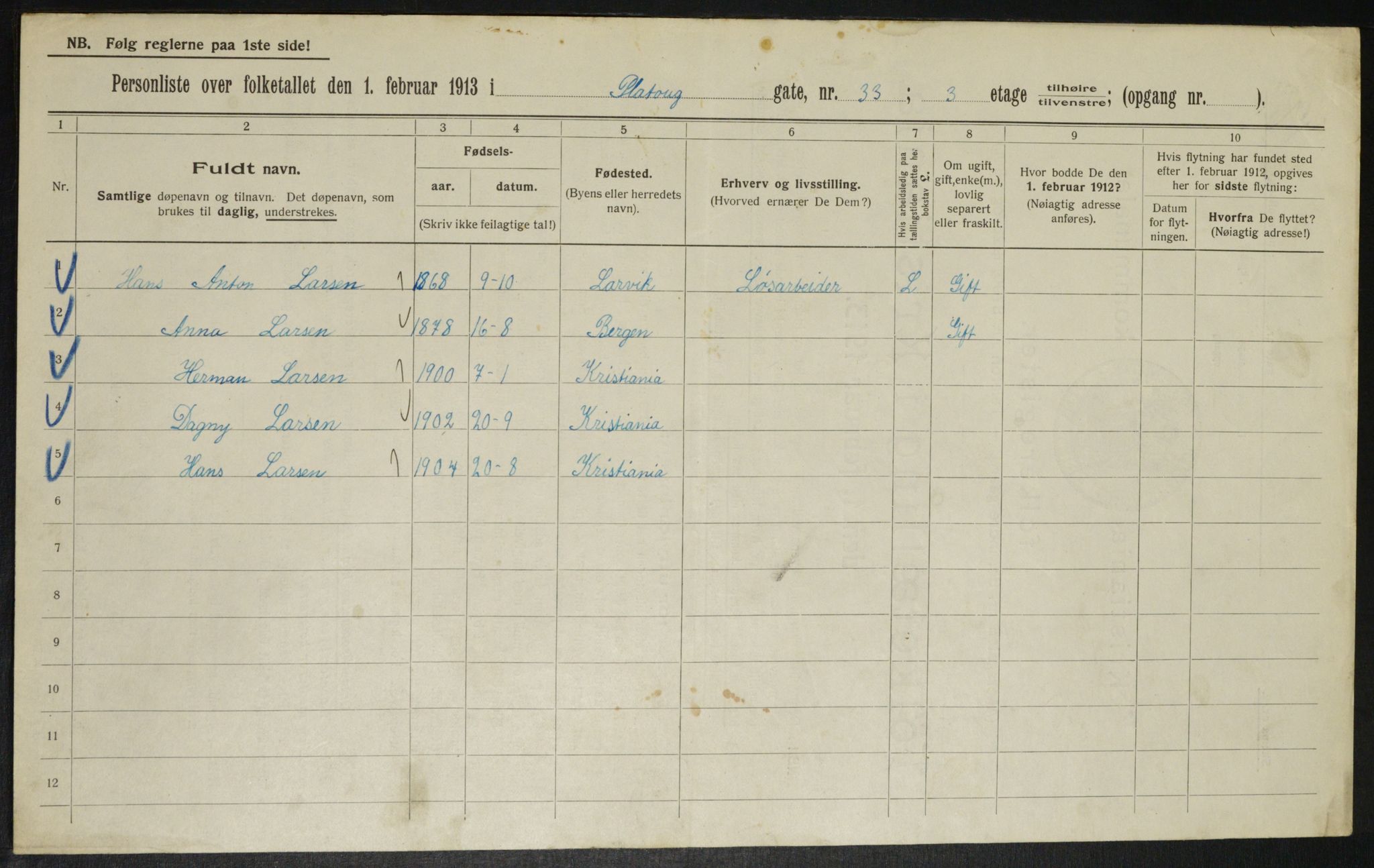 OBA, Municipal Census 1913 for Kristiania, 1913, p. 81014