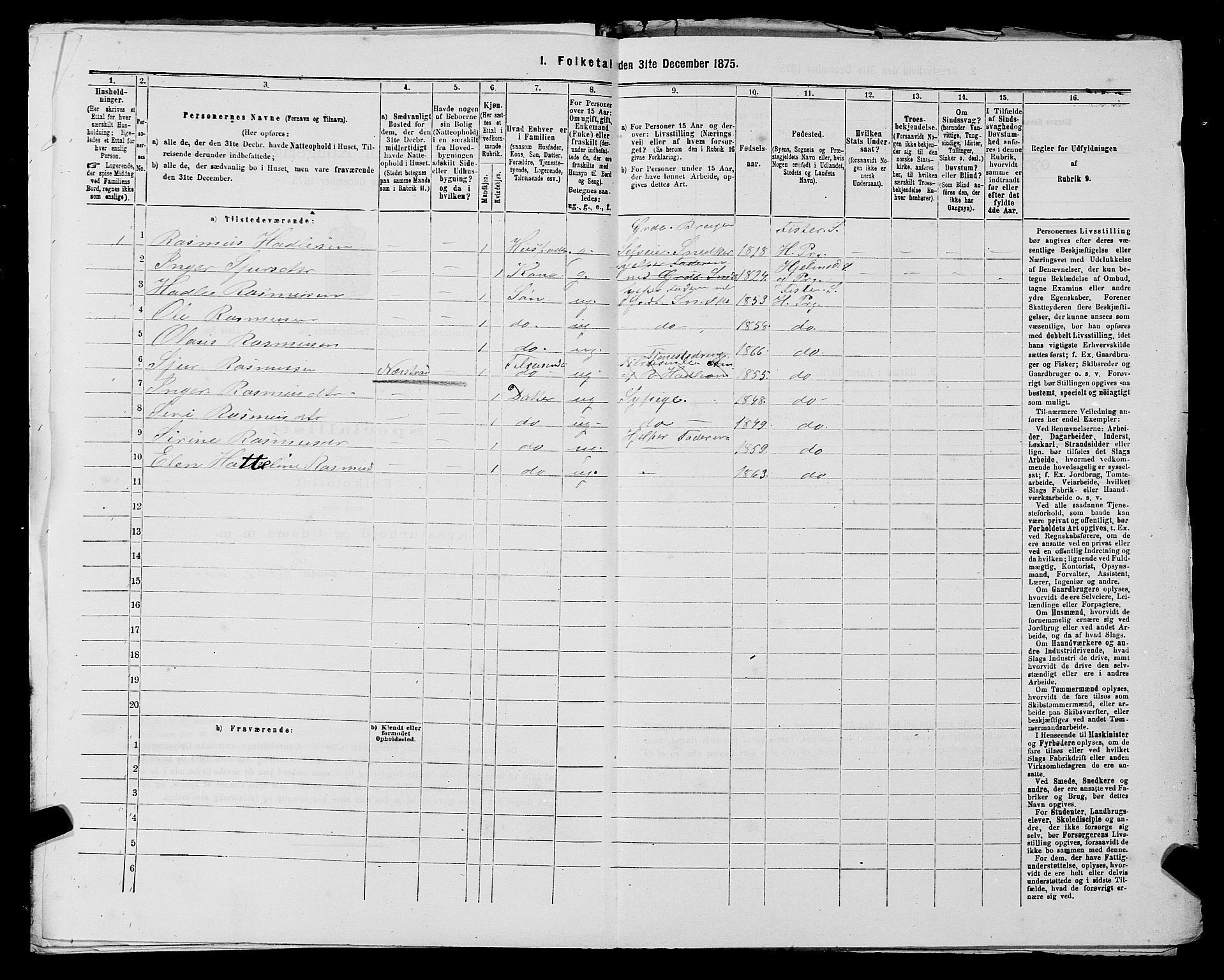 SAST, 1875 census for 1133P Hjelmeland, 1875, p. 1206