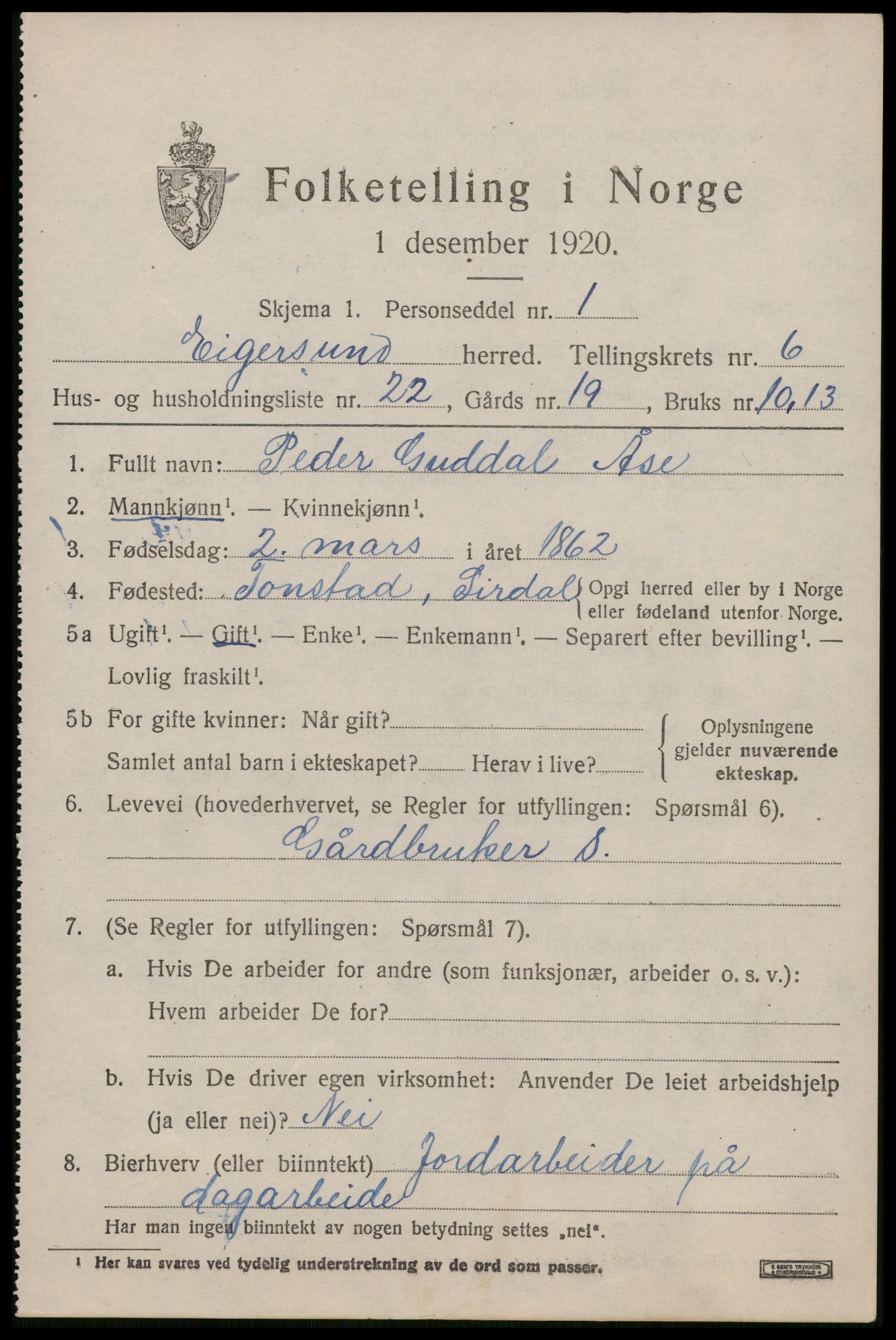SAST, 1920 census for Eigersund, 1920, p. 4111