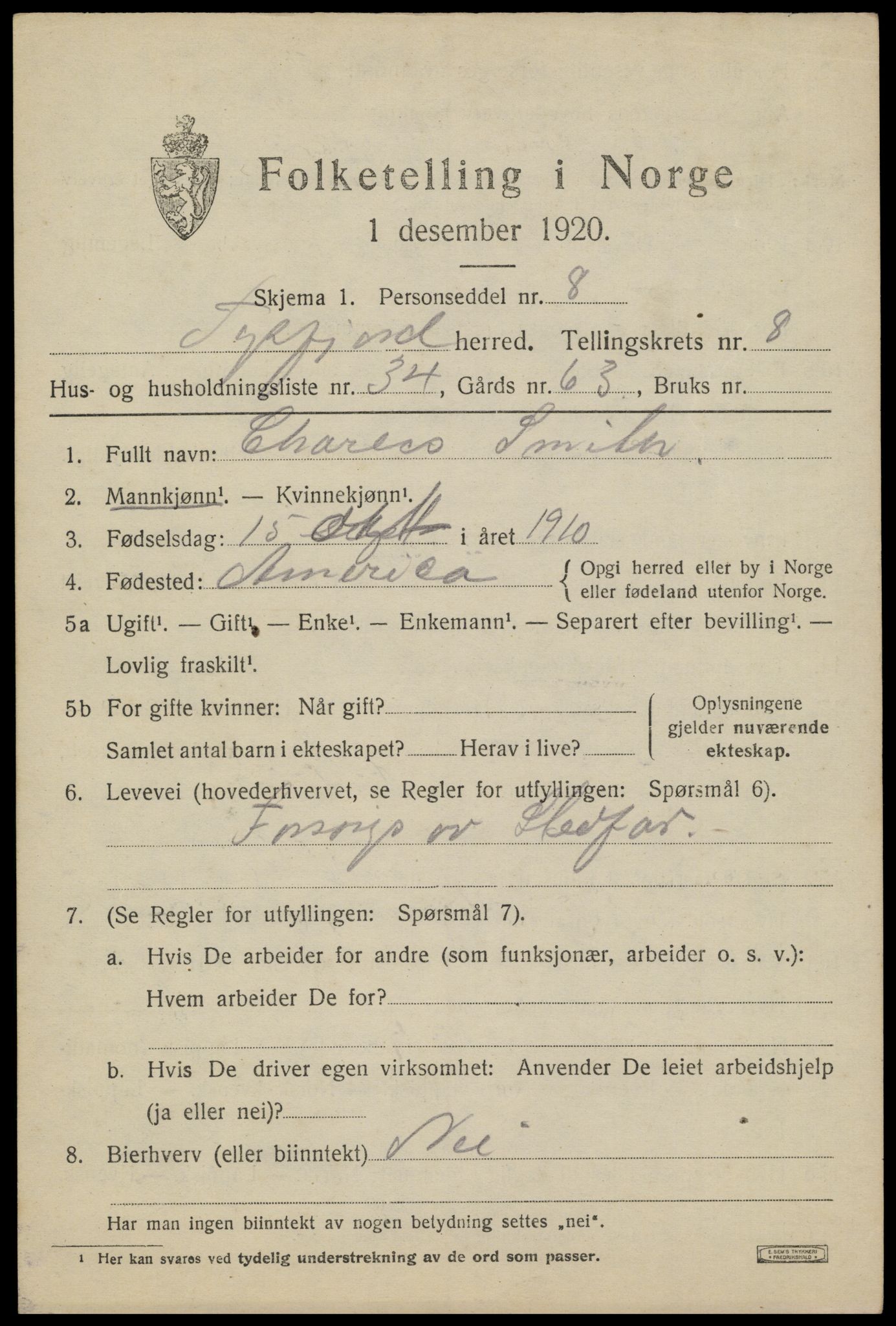 SAT, 1920 census for Tysfjord, 1920, p. 6257