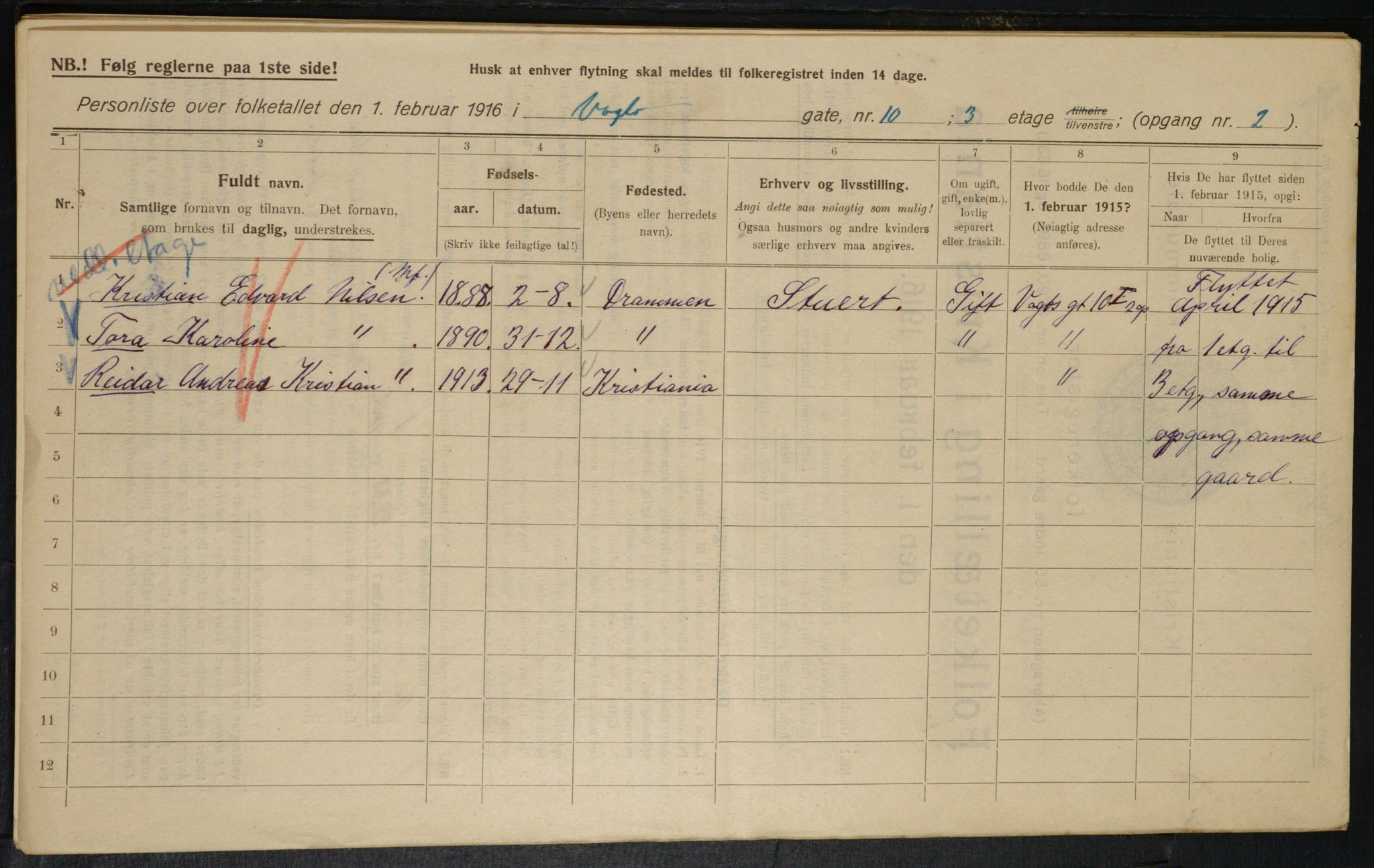 OBA, Municipal Census 1916 for Kristiania, 1916, p. 127916