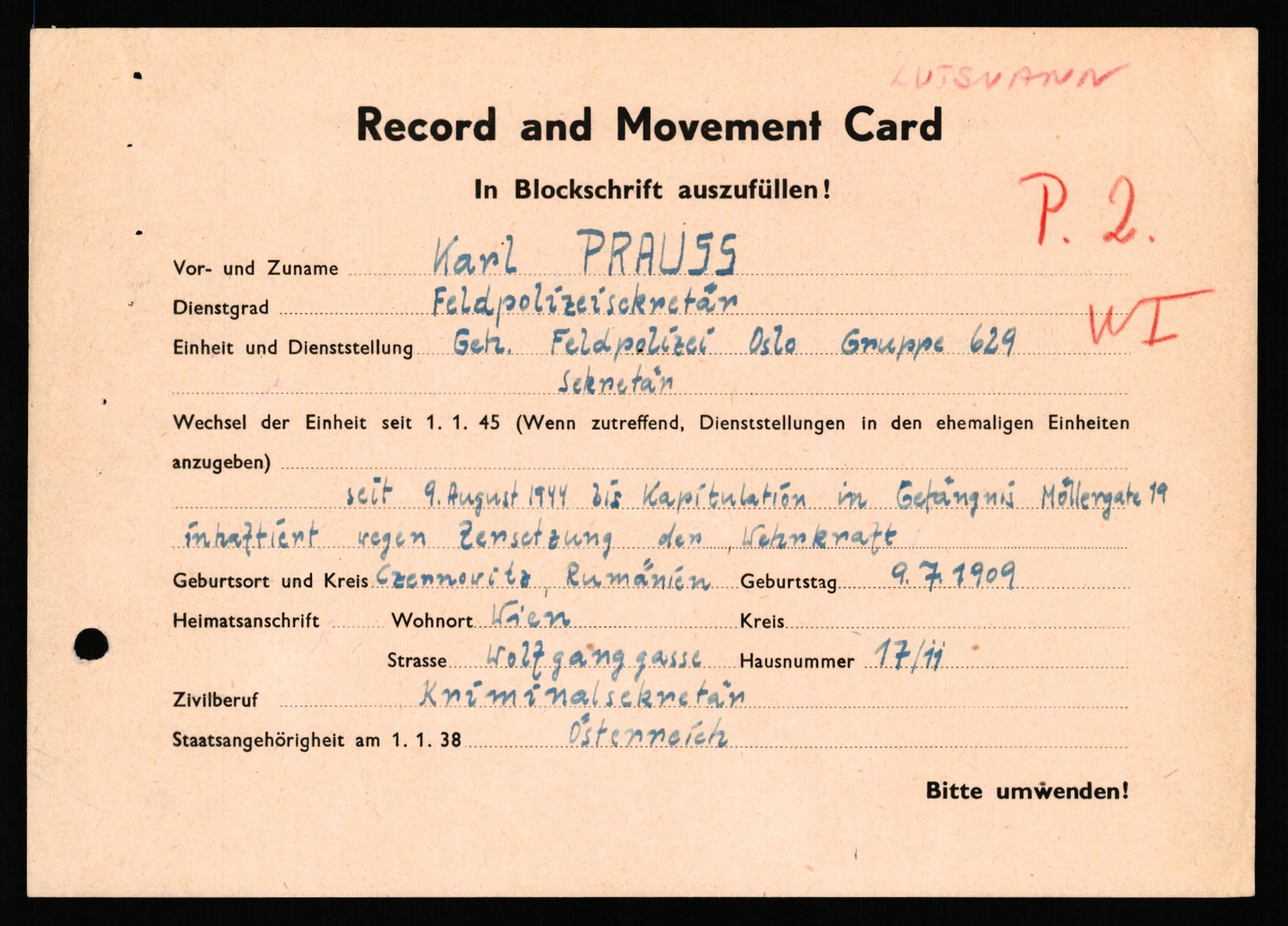 Forsvaret, Forsvarets overkommando II, AV/RA-RAFA-3915/D/Db/L0040: CI Questionaires. Tyske okkupasjonsstyrker i Norge. Østerrikere., 1945-1946, p. 80