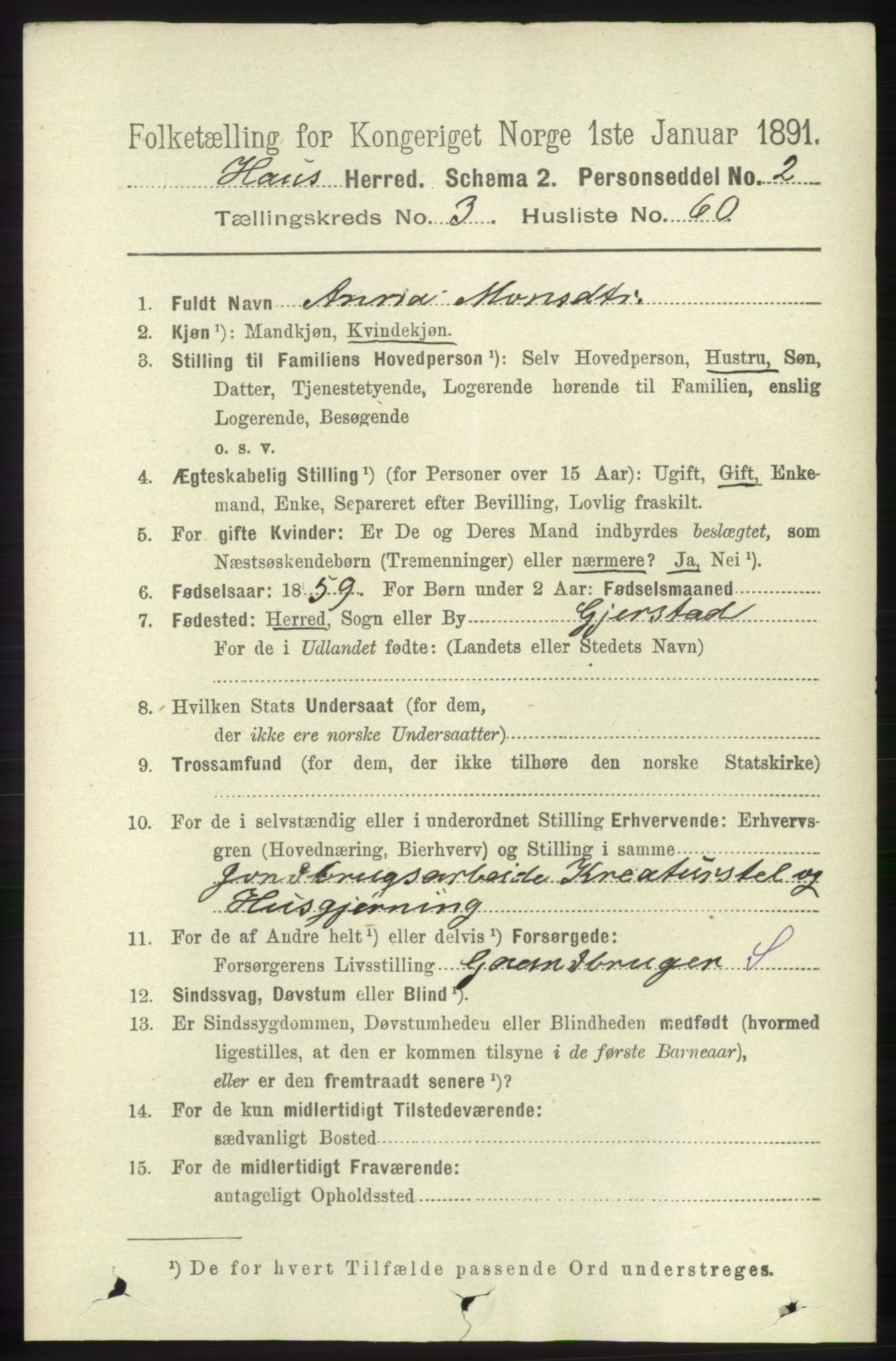 RA, 1891 census for 1250 Haus, 1891, p. 1336