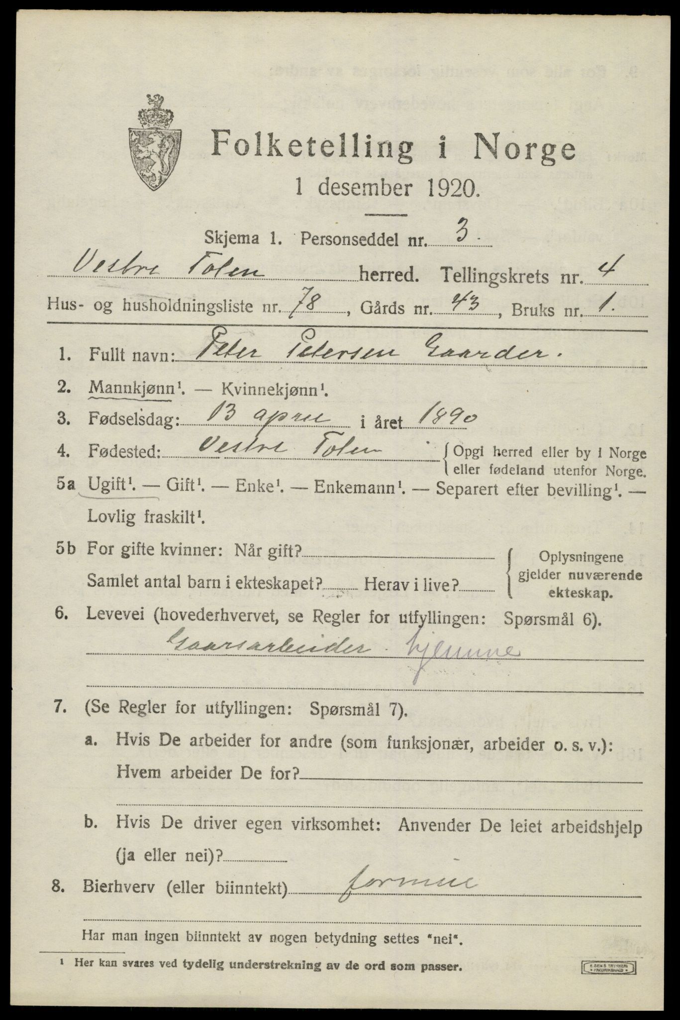 SAH, 1920 census for Vestre Toten, 1920, p. 7144