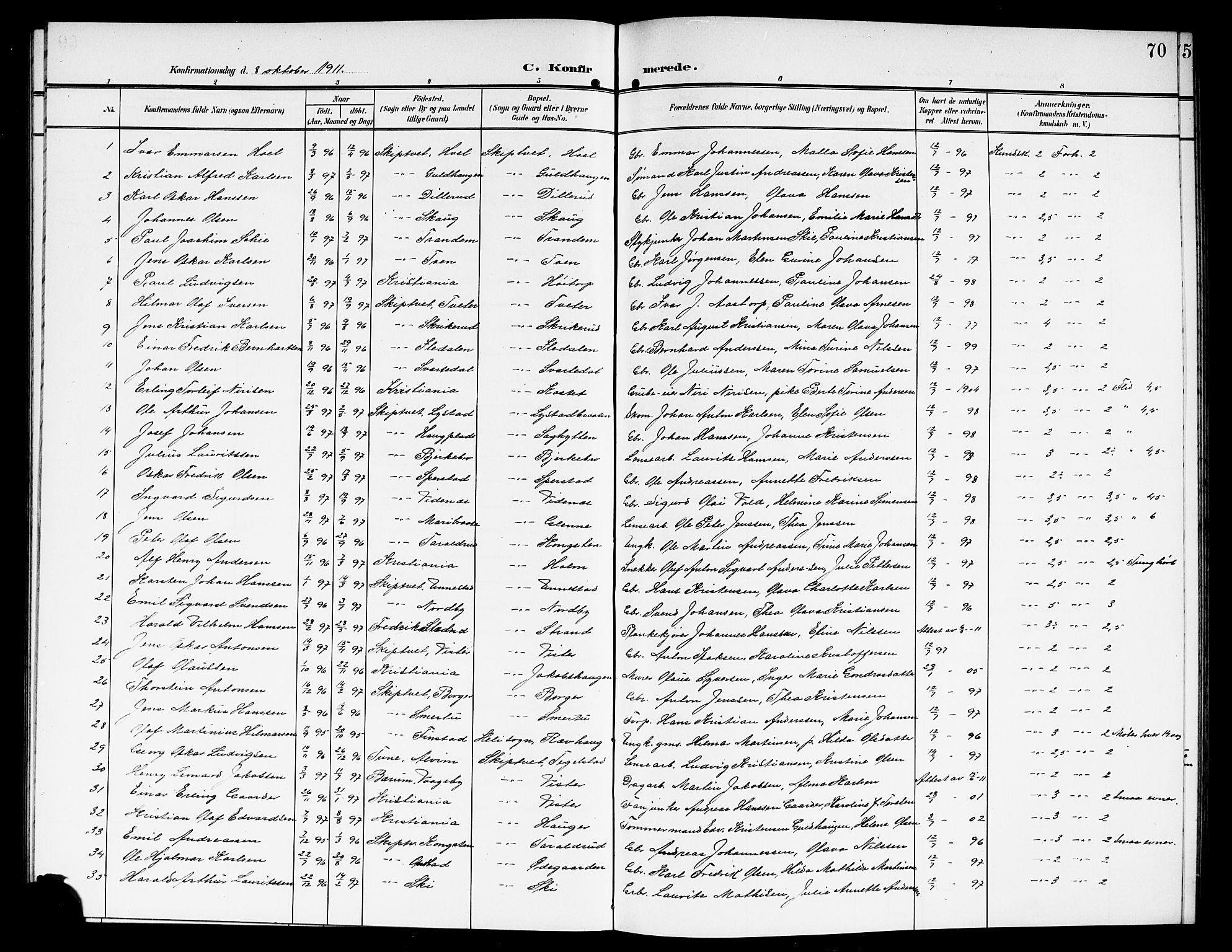 Skiptvet prestekontor Kirkebøker, SAO/A-20009/G/Ga/L0002: Parish register (copy) no. 2, 1905-1915, p. 70