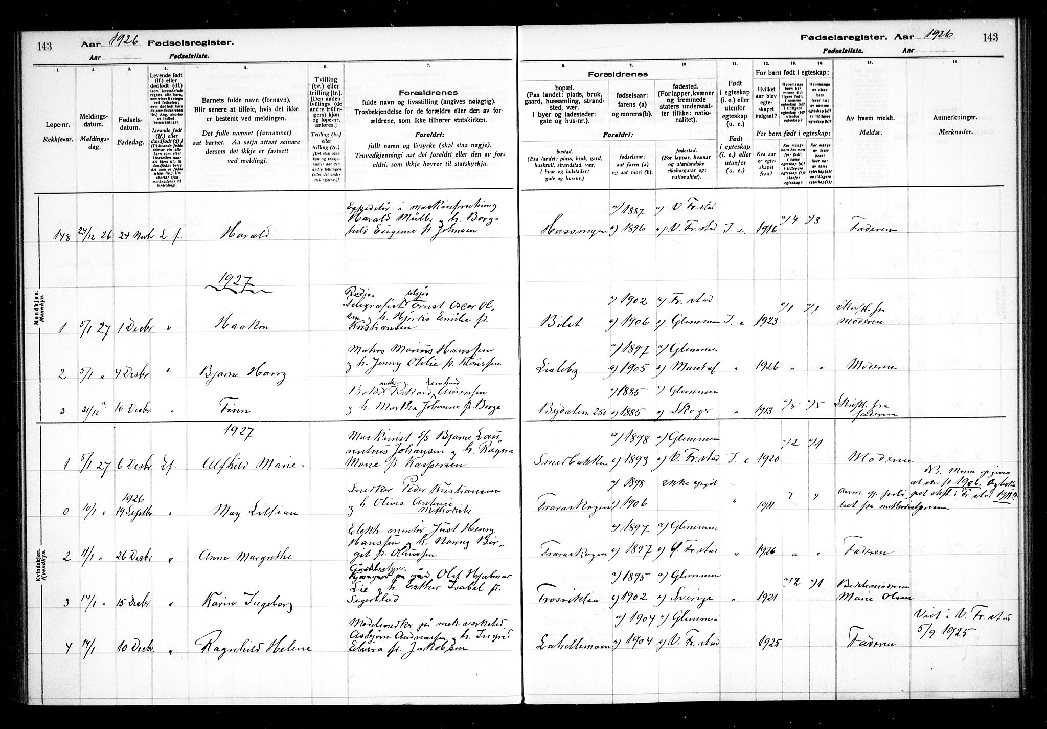 Glemmen prestekontor Kirkebøker, SAO/A-10908/J/Ja/L0002: Birth register no. I 2, 1922-1929, p. 143