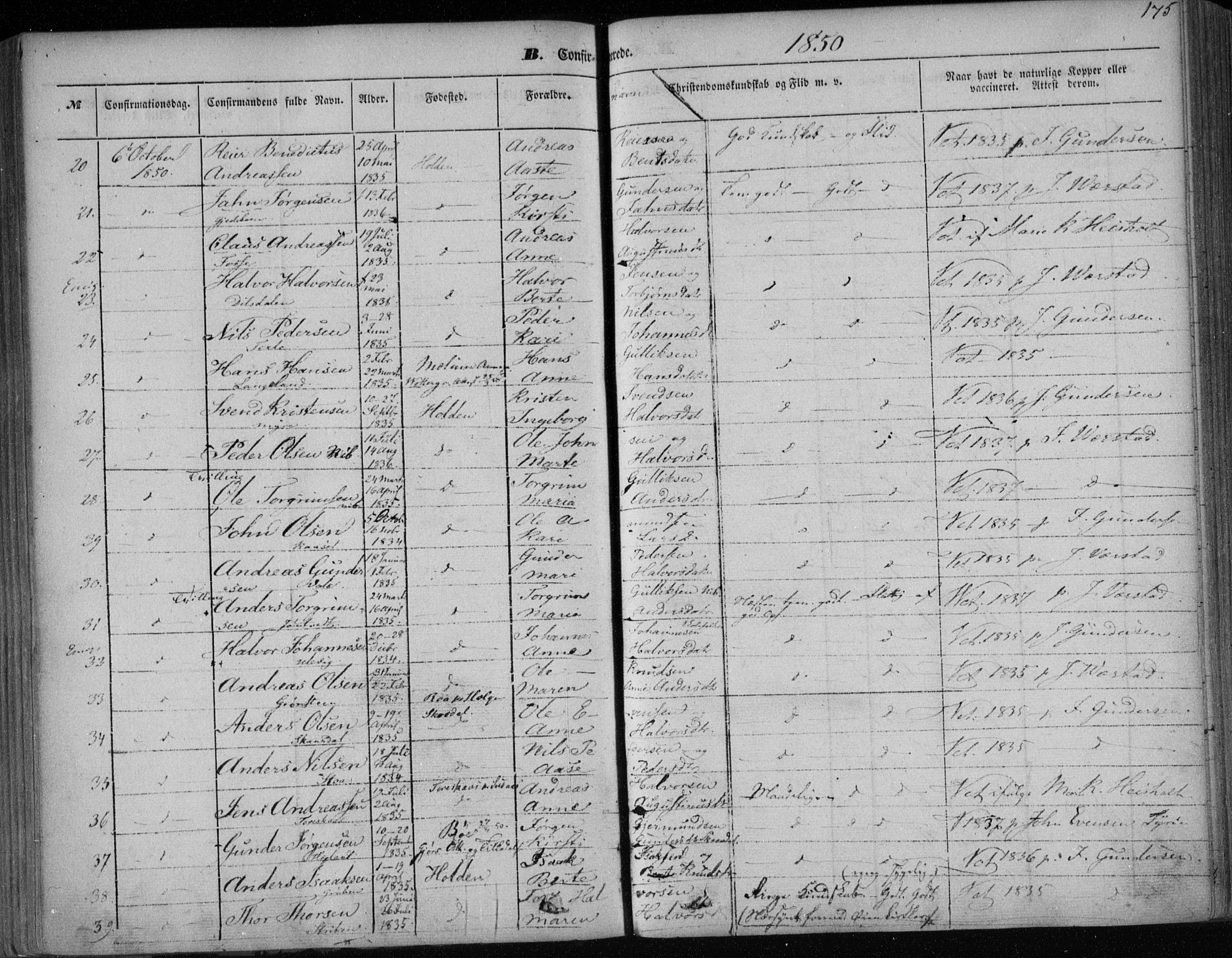 Holla kirkebøker, AV/SAKO-A-272/F/Fa/L0005: Parish register (official) no. 5, 1849-1860, p. 175