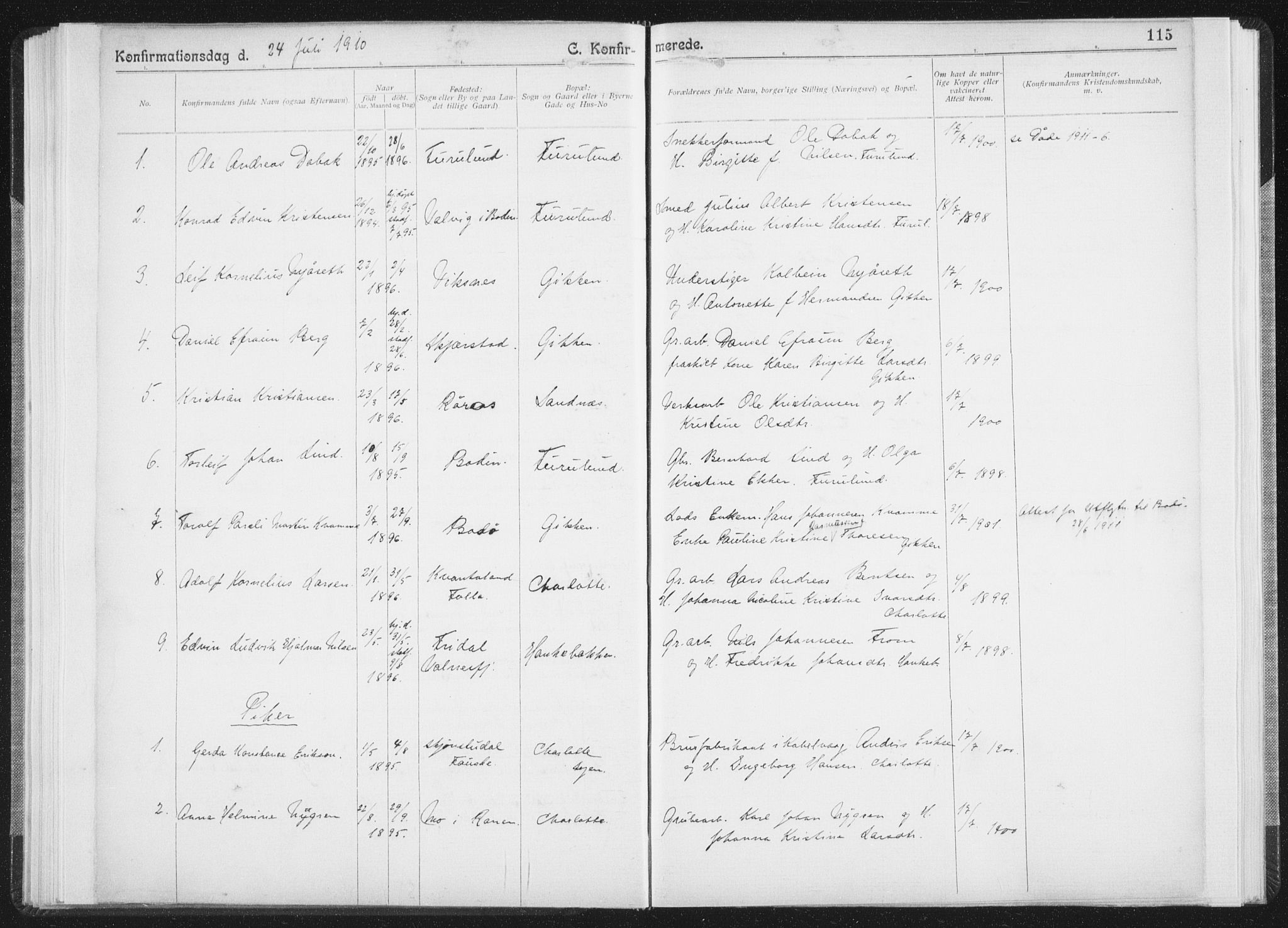 Ministerialprotokoller, klokkerbøker og fødselsregistre - Nordland, SAT/A-1459/850/L0711: Curate's parish register no. 850B01, 1902-1915, p. 115