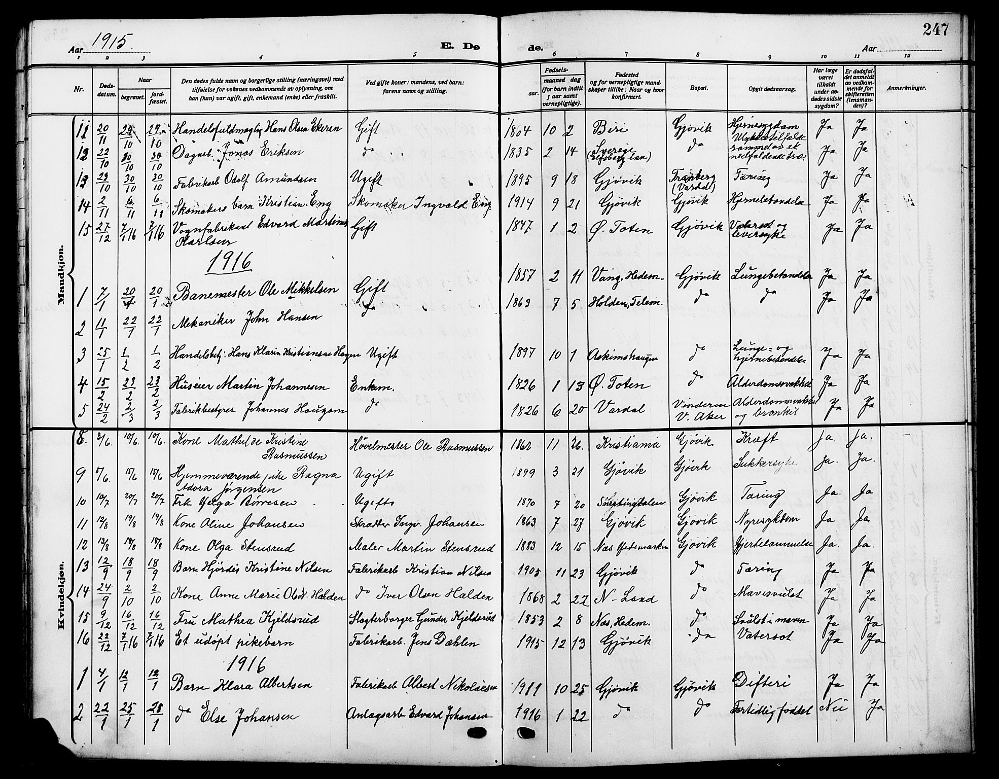 Vardal prestekontor, SAH/PREST-100/H/Ha/Hab/L0014: Parish register (copy) no. 14, 1911-1922, p. 247