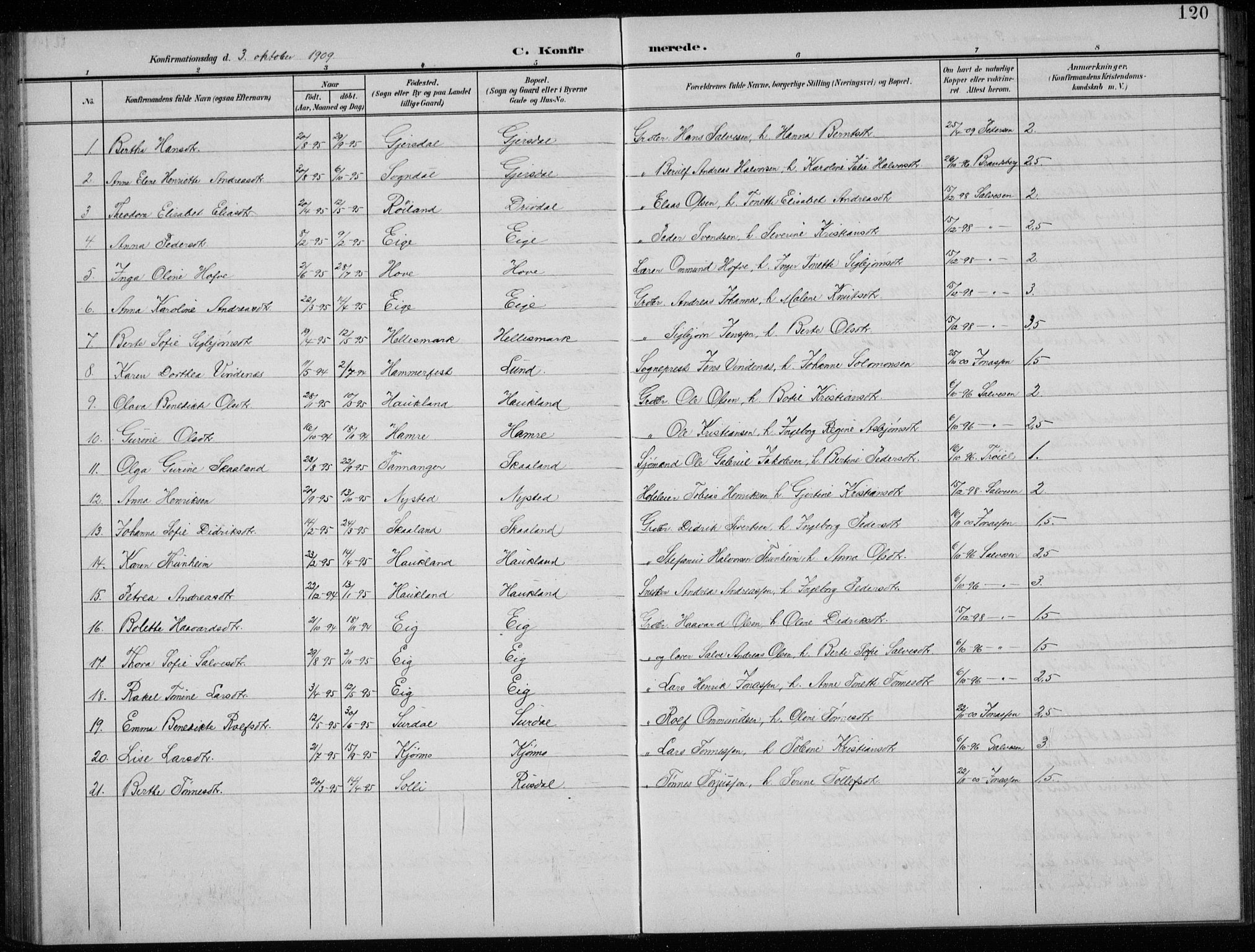 Lund sokneprestkontor, AV/SAST-A-101809/S07/L0008: Parish register (copy) no. B 8, 1902-1936, p. 120