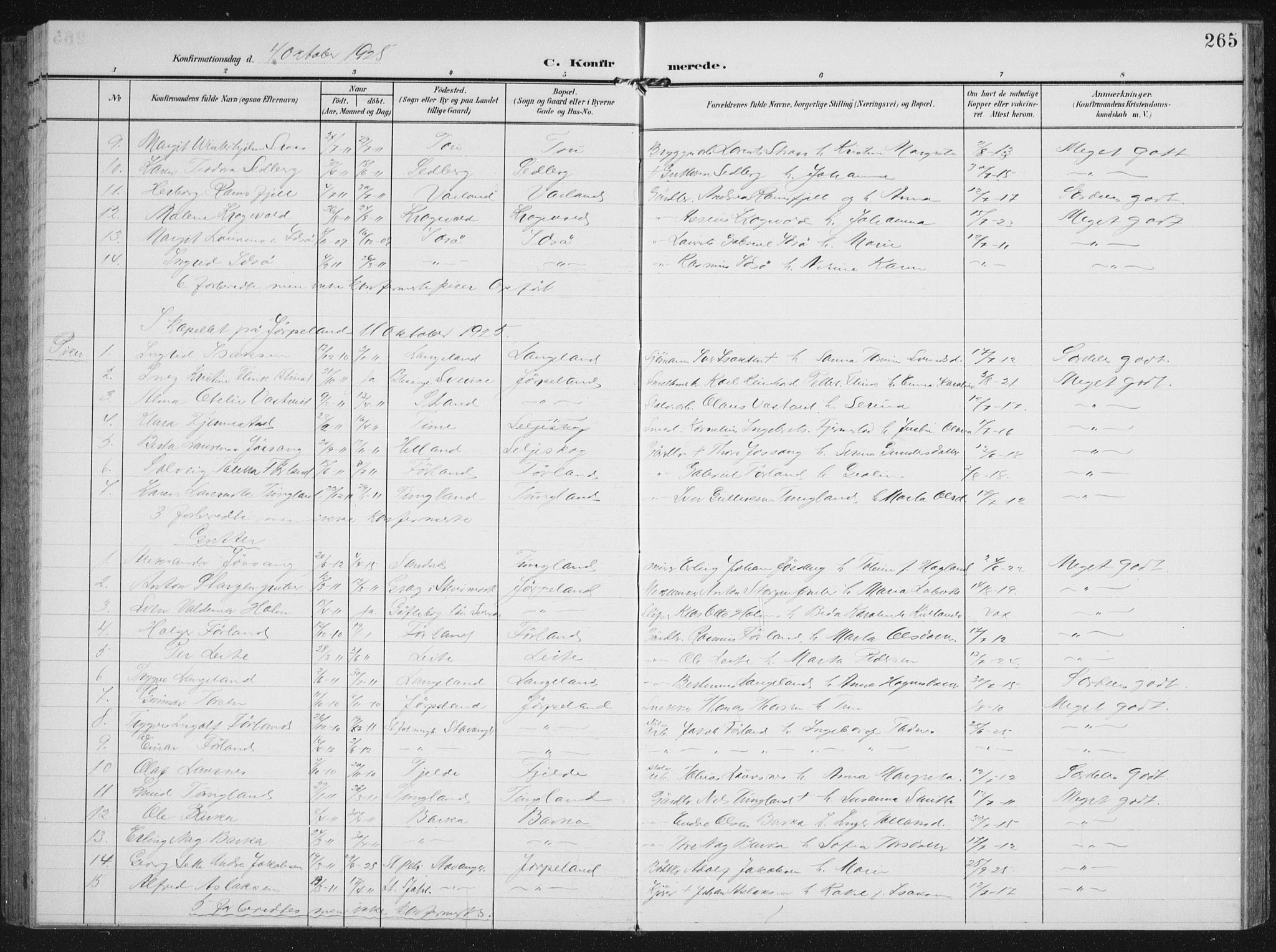 Strand sokneprestkontor, AV/SAST-A-101828/H/Ha/Hab/L0005: Parish register (copy) no. B 5, 1904-1934, p. 265