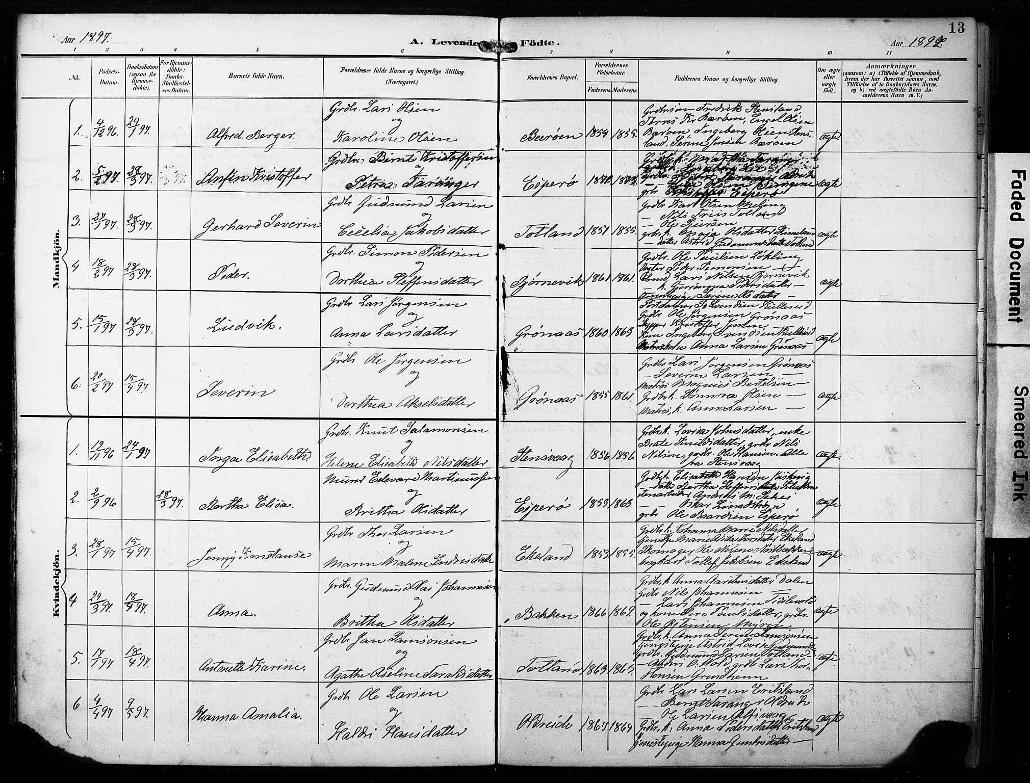 Finnås sokneprestembete, SAB/A-99925/H/Ha/Haa/Haab/L0002: Parish register (official) no. B 2, 1895-1906, p. 13