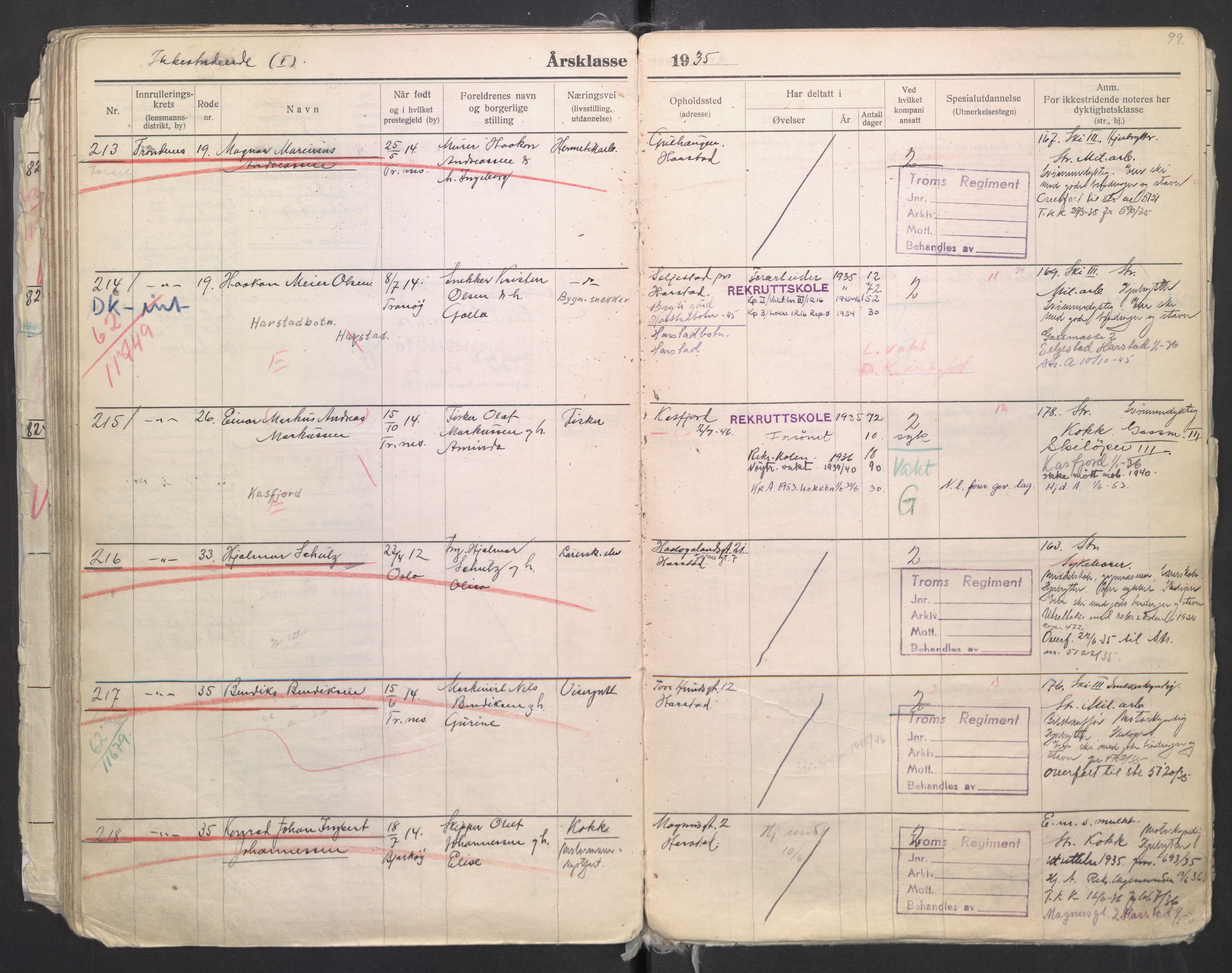 Forsvaret, Troms infanteriregiment nr. 16, AV/RA-RAFA-3146/P/Pa/L0006/0008: Ruller / Rulle for regimentets menige mannskaper, årsklasse 1935, 1935, p. 99