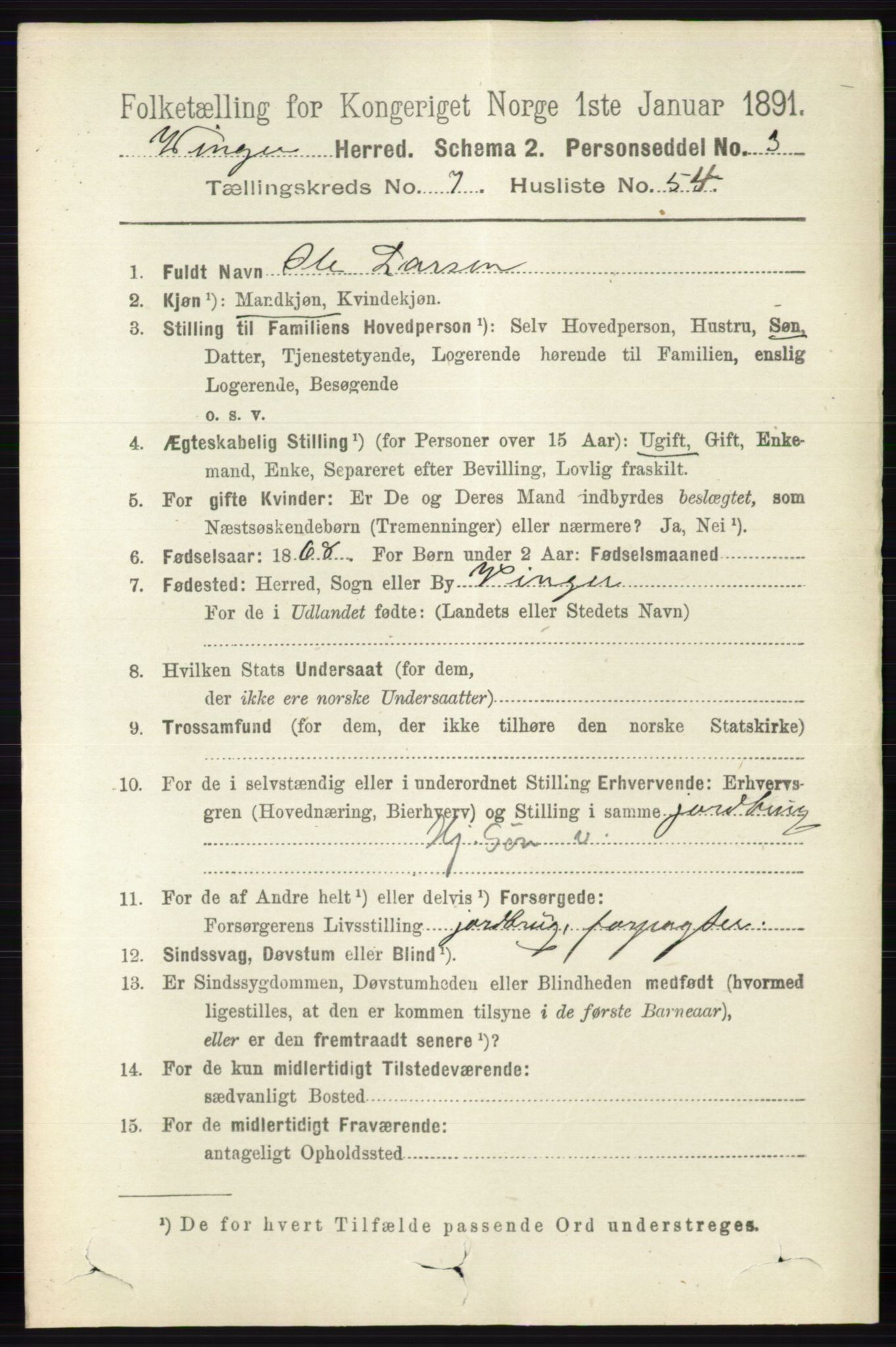 RA, 1891 census for 0421 Vinger, 1891, p. 3521