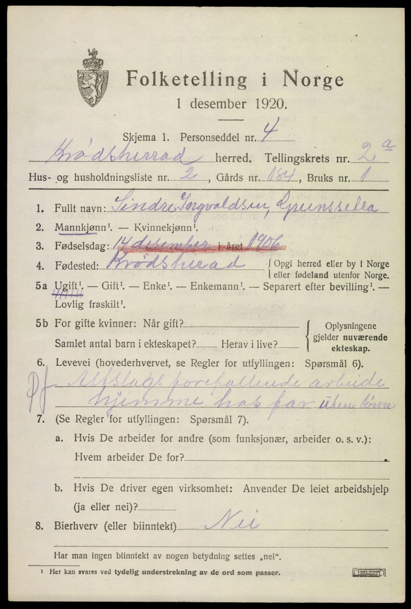 SAKO, 1920 census for Krødsherad, 1920, p. 2815