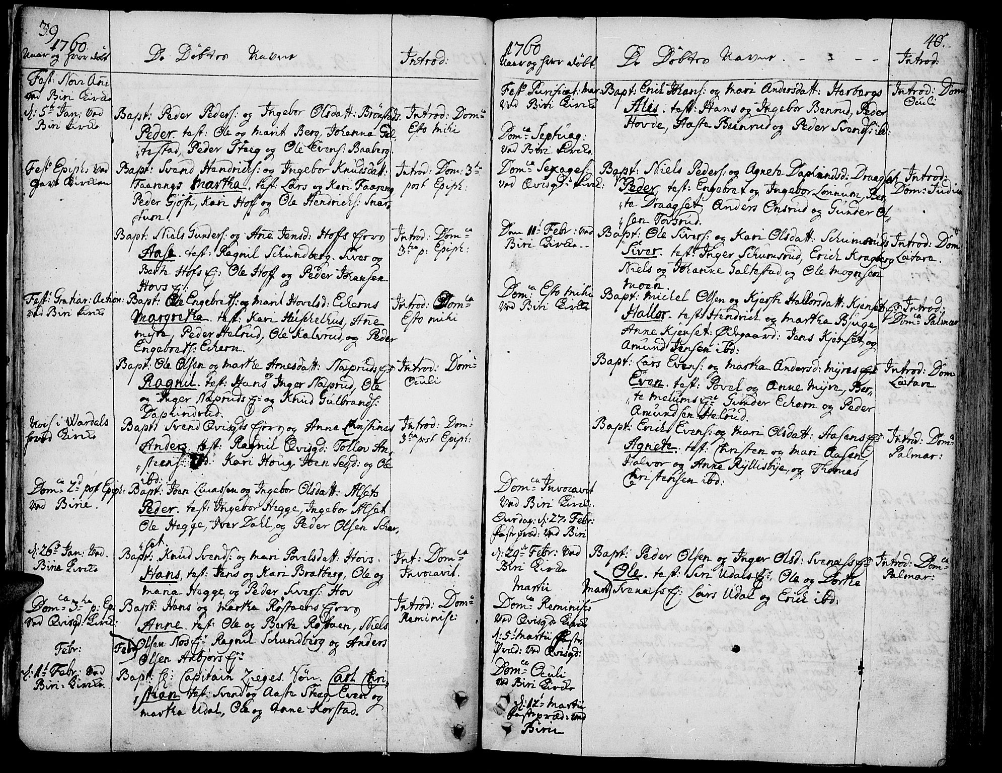 Biri prestekontor, SAH/PREST-096/H/Ha/Haa/L0002: Parish register (official) no. 2, 1754-1789, p. 39-40