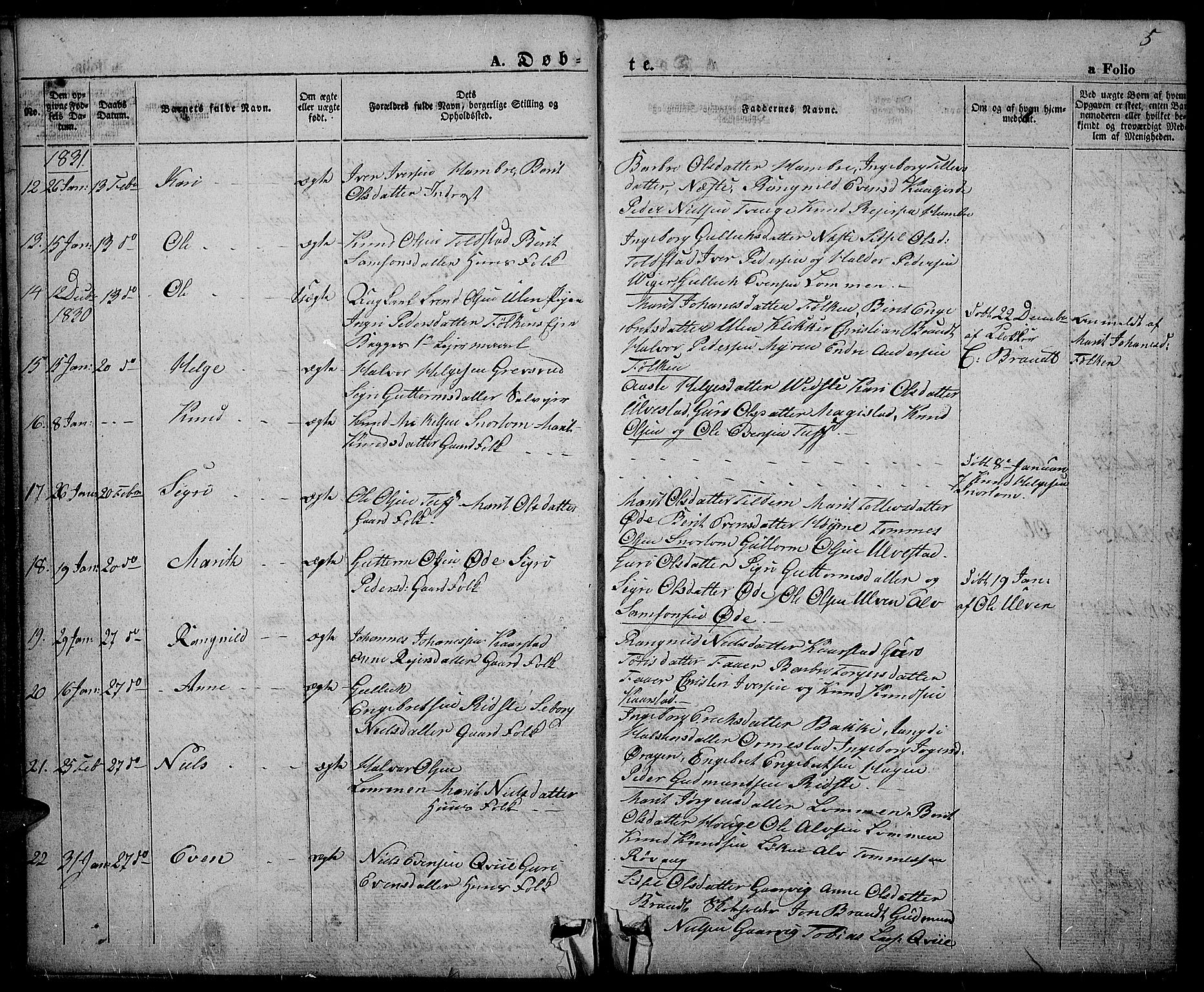 Slidre prestekontor, SAH/PREST-134/H/Ha/Haa/L0003: Parish register (official) no. 3, 1831-1843, p. 5