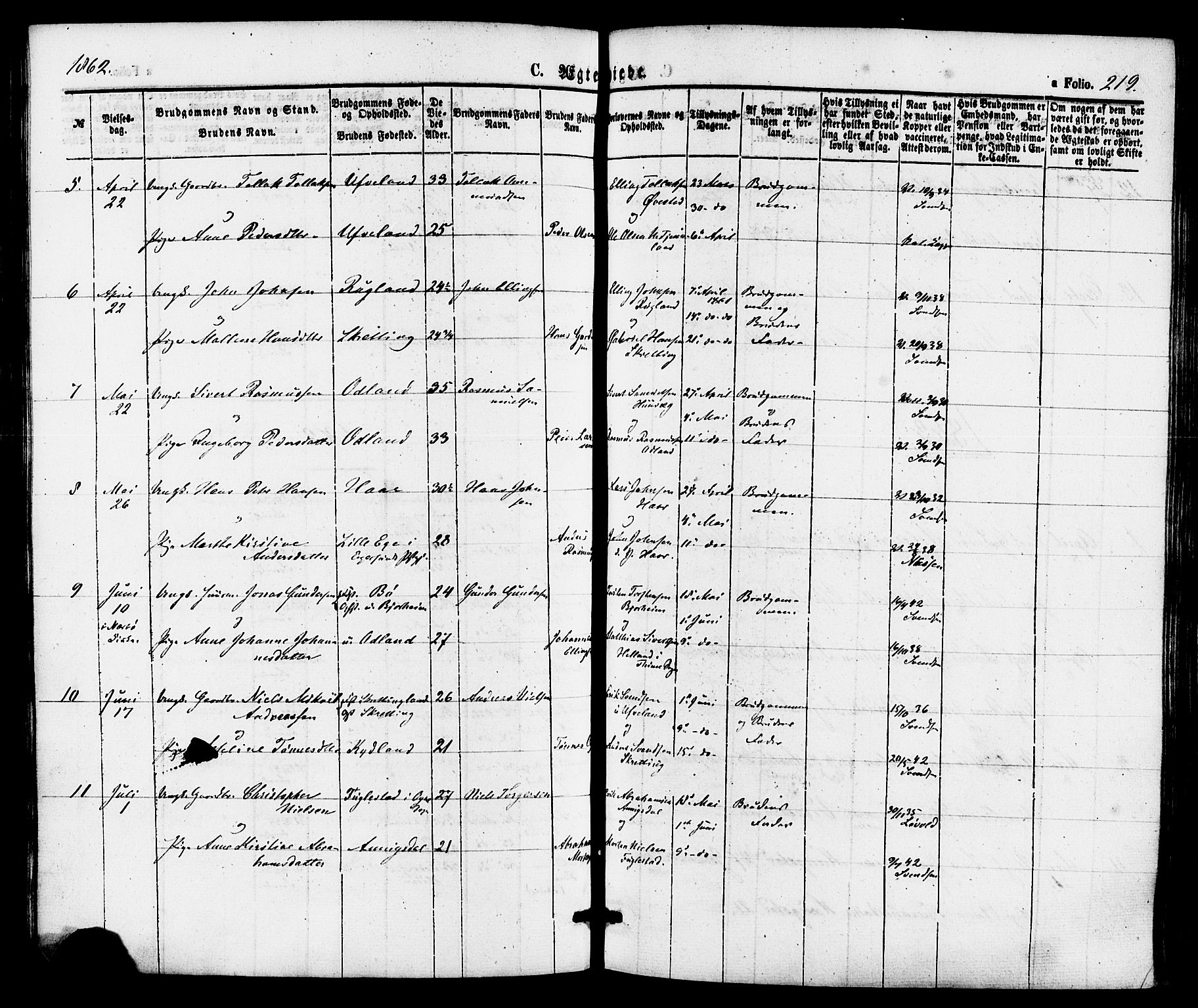 Hå sokneprestkontor, AV/SAST-A-101801/001/30BA/L0009: Parish register (official) no. A 8, 1855-1878, p. 219