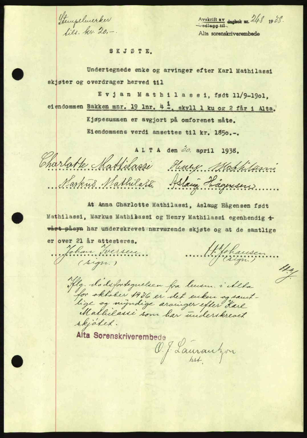 Alta fogderi/sorenskriveri, SATØ/SATØ-5/1/K/Kd/L0031pantebok: Mortgage book no. 31, 1938-1939, Diary no: : 248/1938
