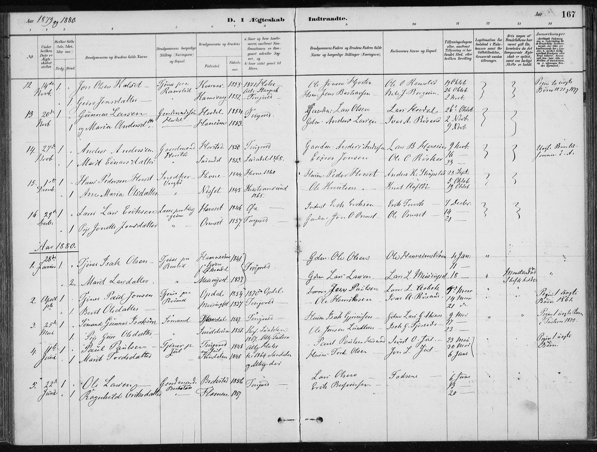 Ministerialprotokoller, klokkerbøker og fødselsregistre - Møre og Romsdal, SAT/A-1454/586/L0987: Parish register (official) no. 586A13, 1879-1892, p. 167