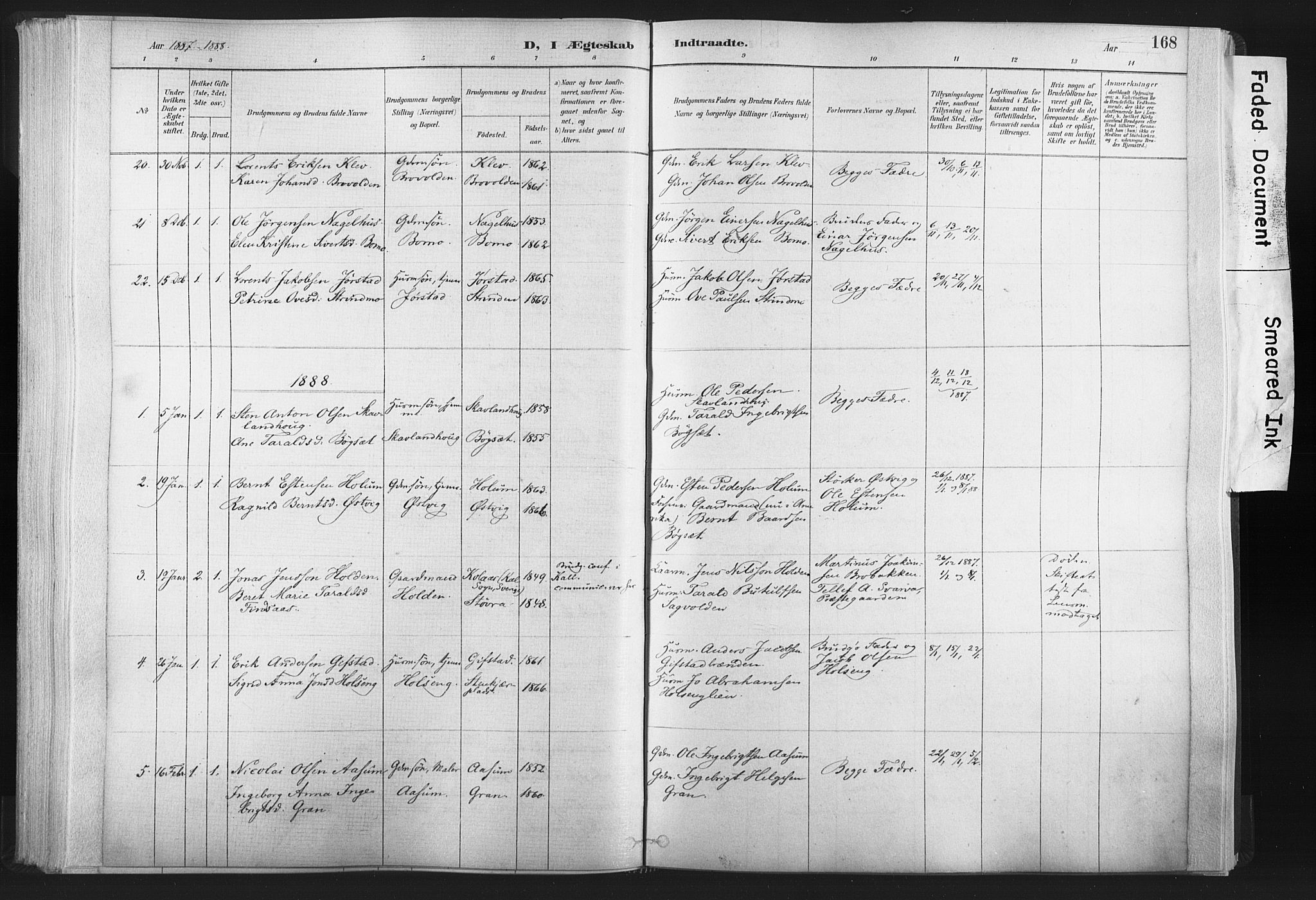Ministerialprotokoller, klokkerbøker og fødselsregistre - Nord-Trøndelag, SAT/A-1458/749/L0474: Parish register (official) no. 749A08, 1887-1903, p. 168
