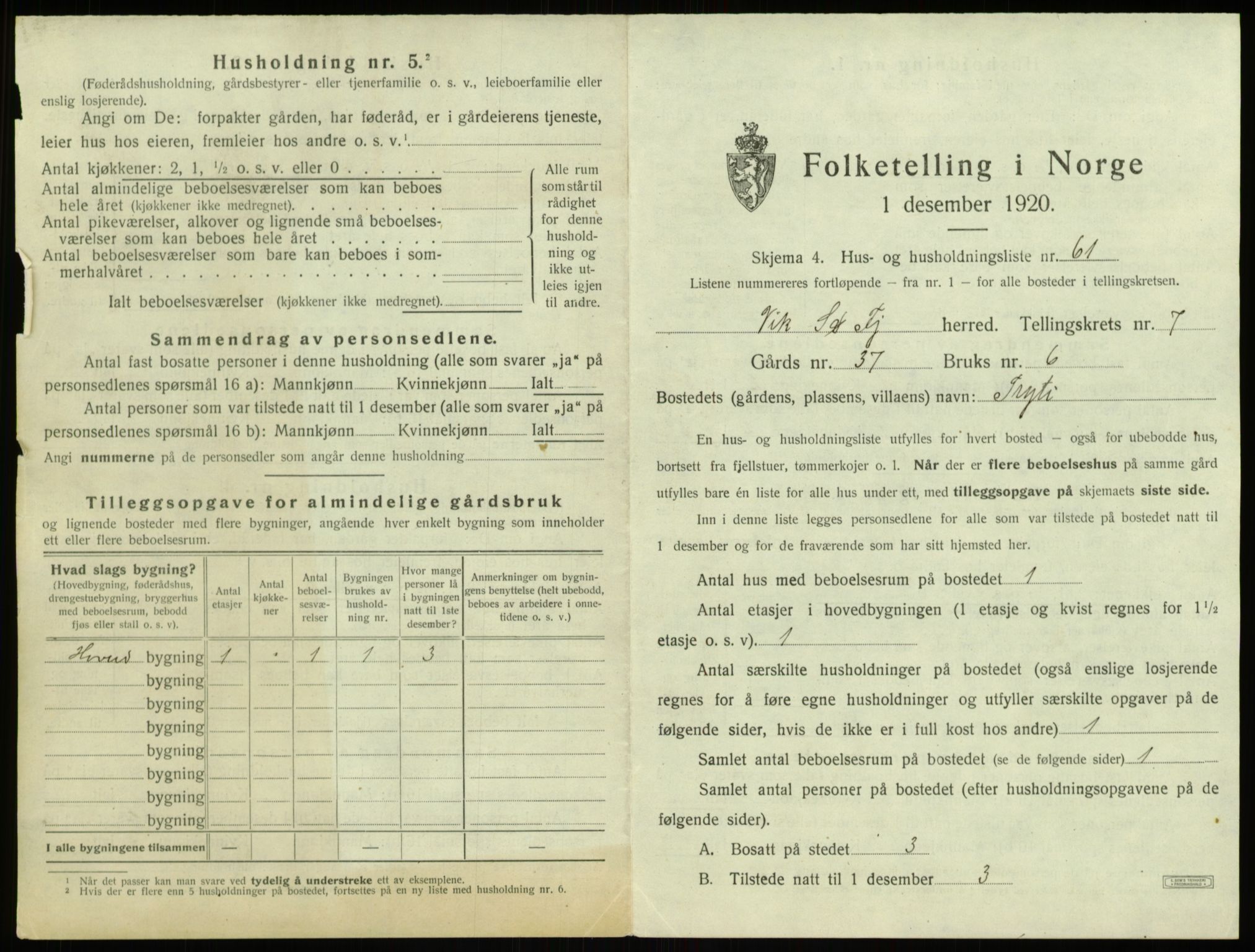 SAB, 1920 census for Vik, 1920, p. 877