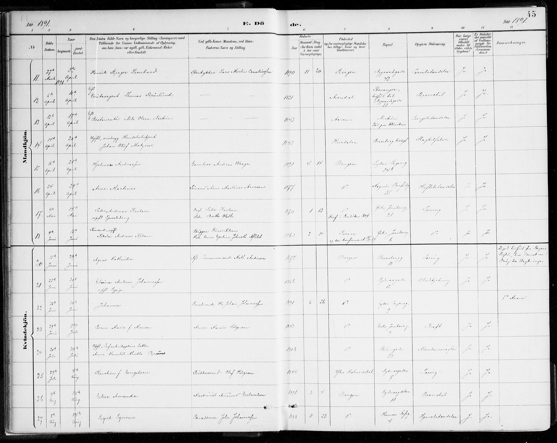 Johanneskirken sokneprestembete, AV/SAB-A-76001/H/Haa/L0019: Parish register (official) no. E 1, 1885-1915, p. 45