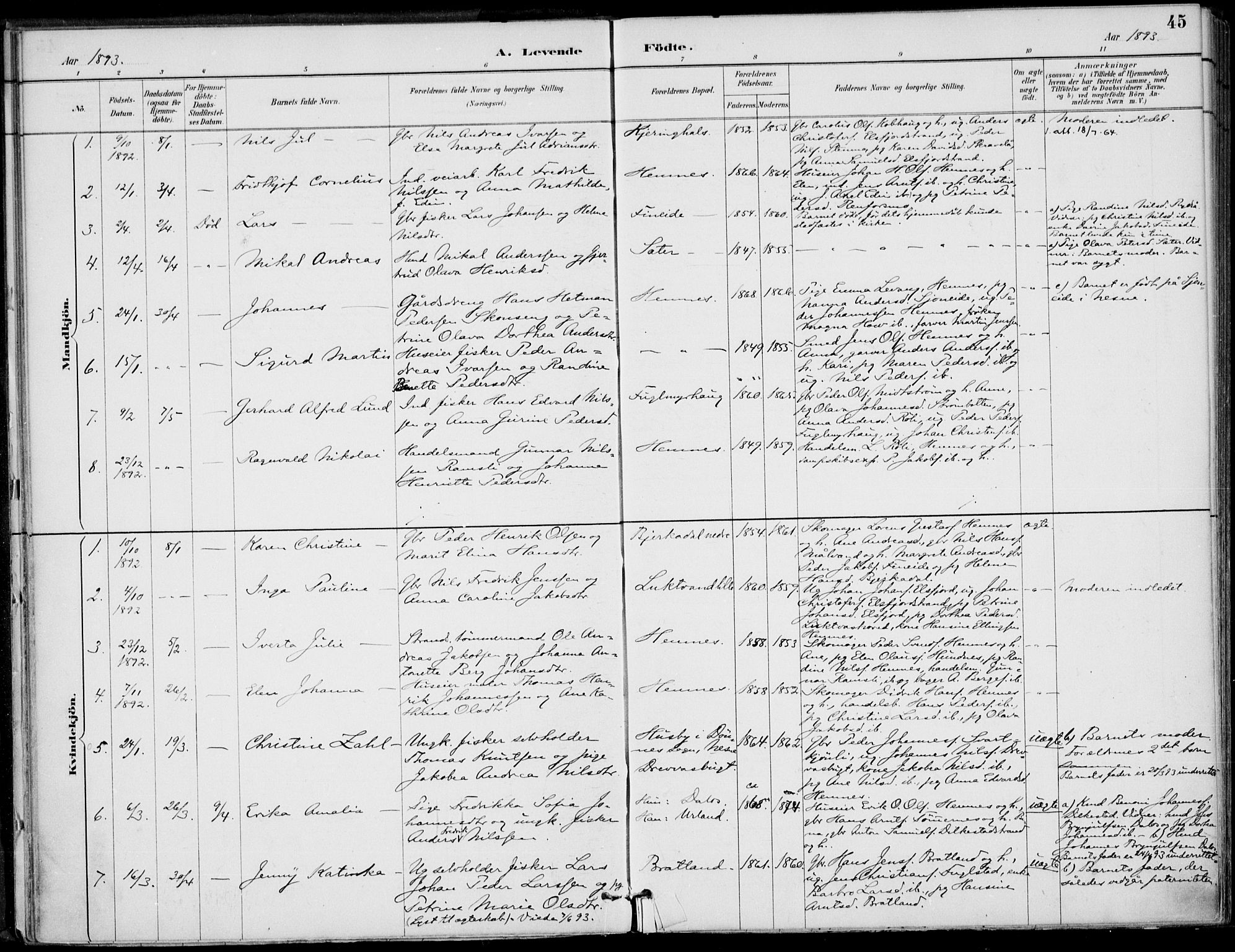 Ministerialprotokoller, klokkerbøker og fødselsregistre - Nordland, SAT/A-1459/825/L0362: Parish register (official) no. 825A16, 1886-1908, p. 45
