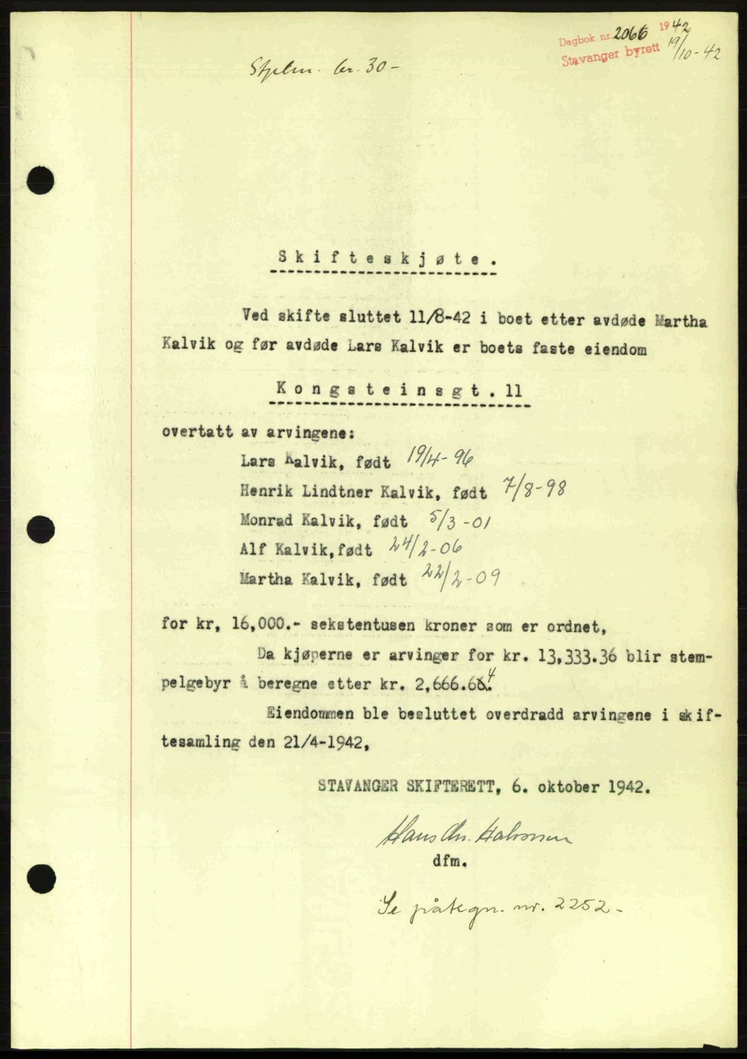 Stavanger byrett, SAST/A-100455/002/G/Gb/L0017: Mortgage book no. A7, 1941-1943, Diary no: : 2066/1942