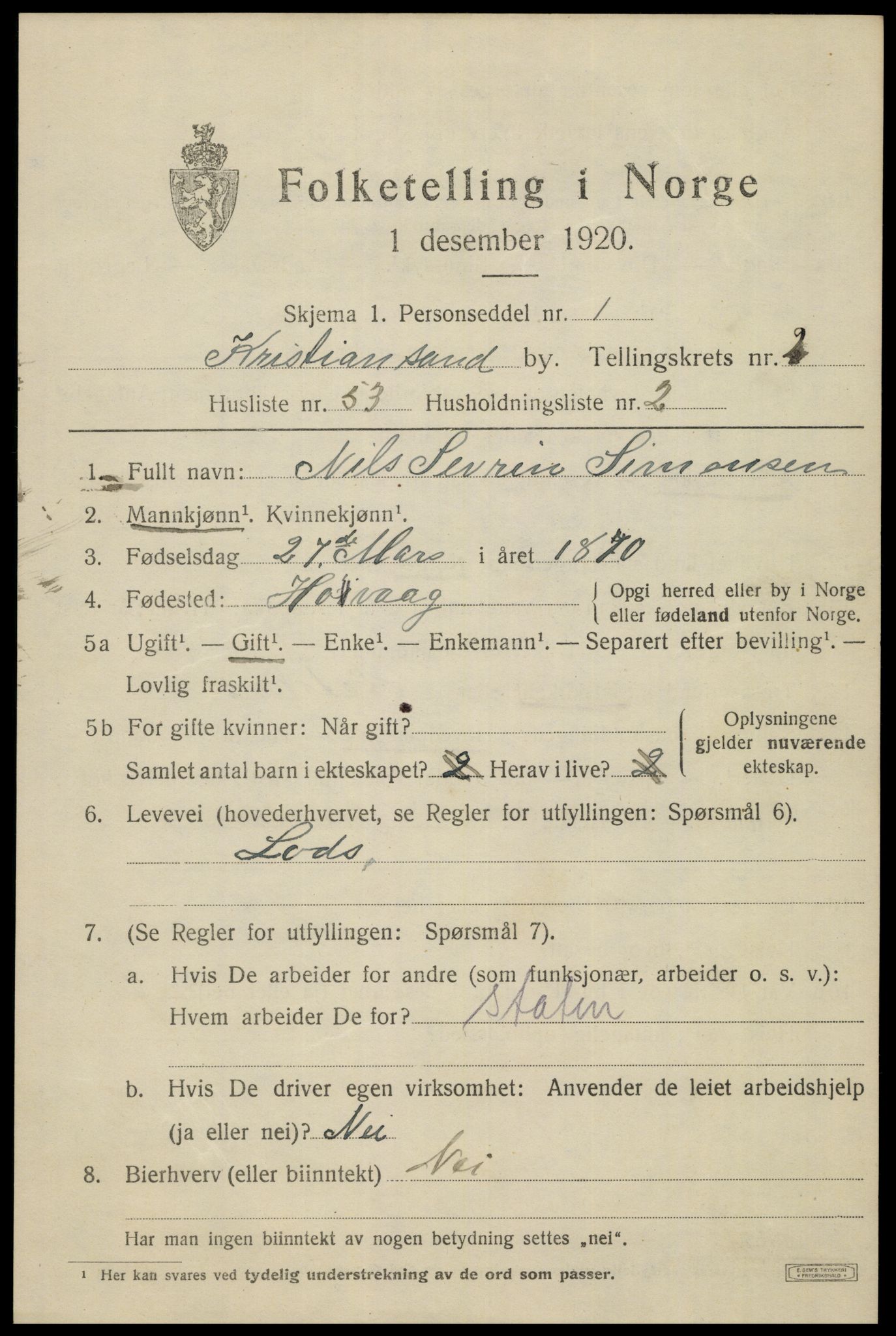 SAK, 1920 census for Kristiansand, 1920, p. 13449