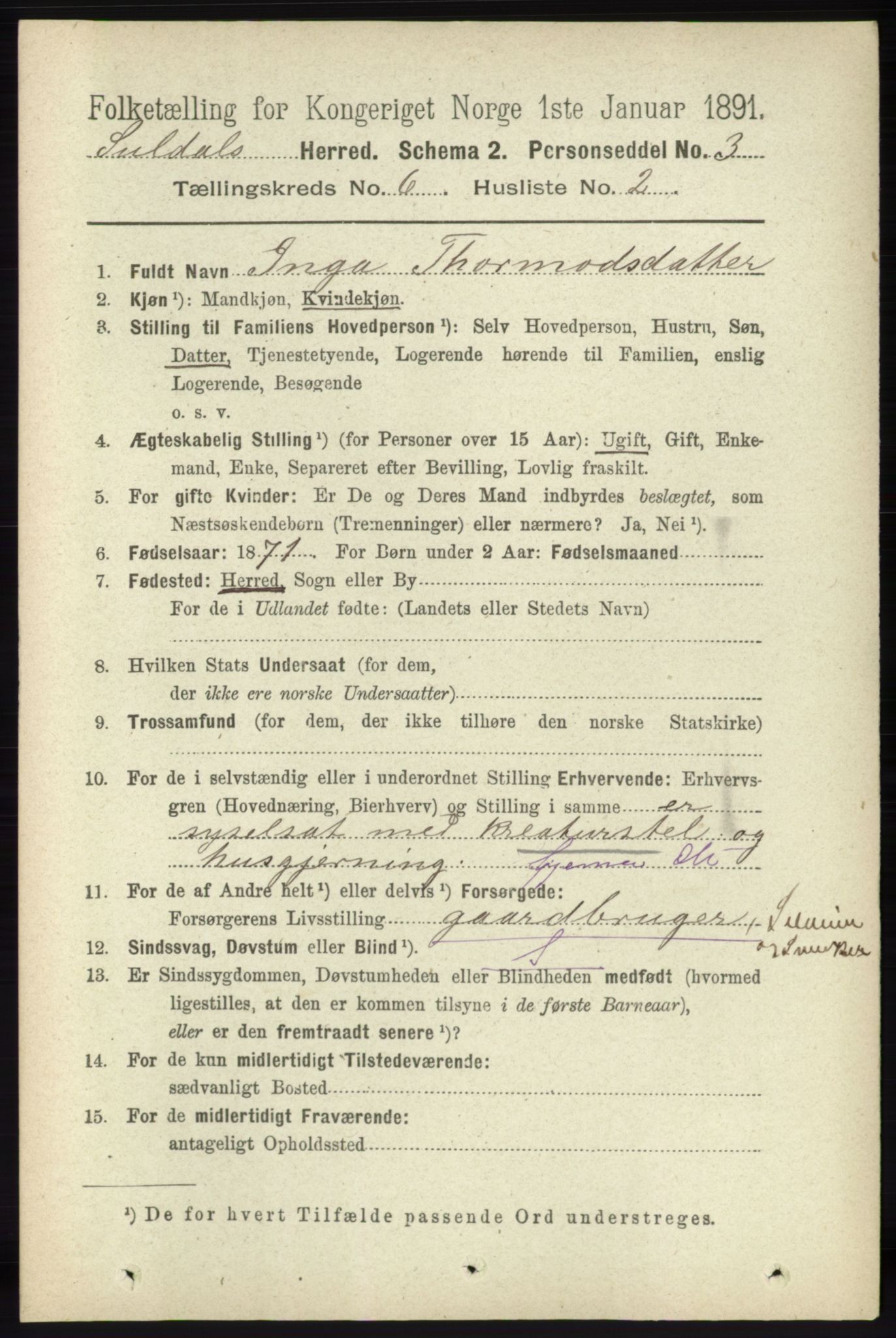 RA, 1891 census for 1134 Suldal, 1891, p. 1603