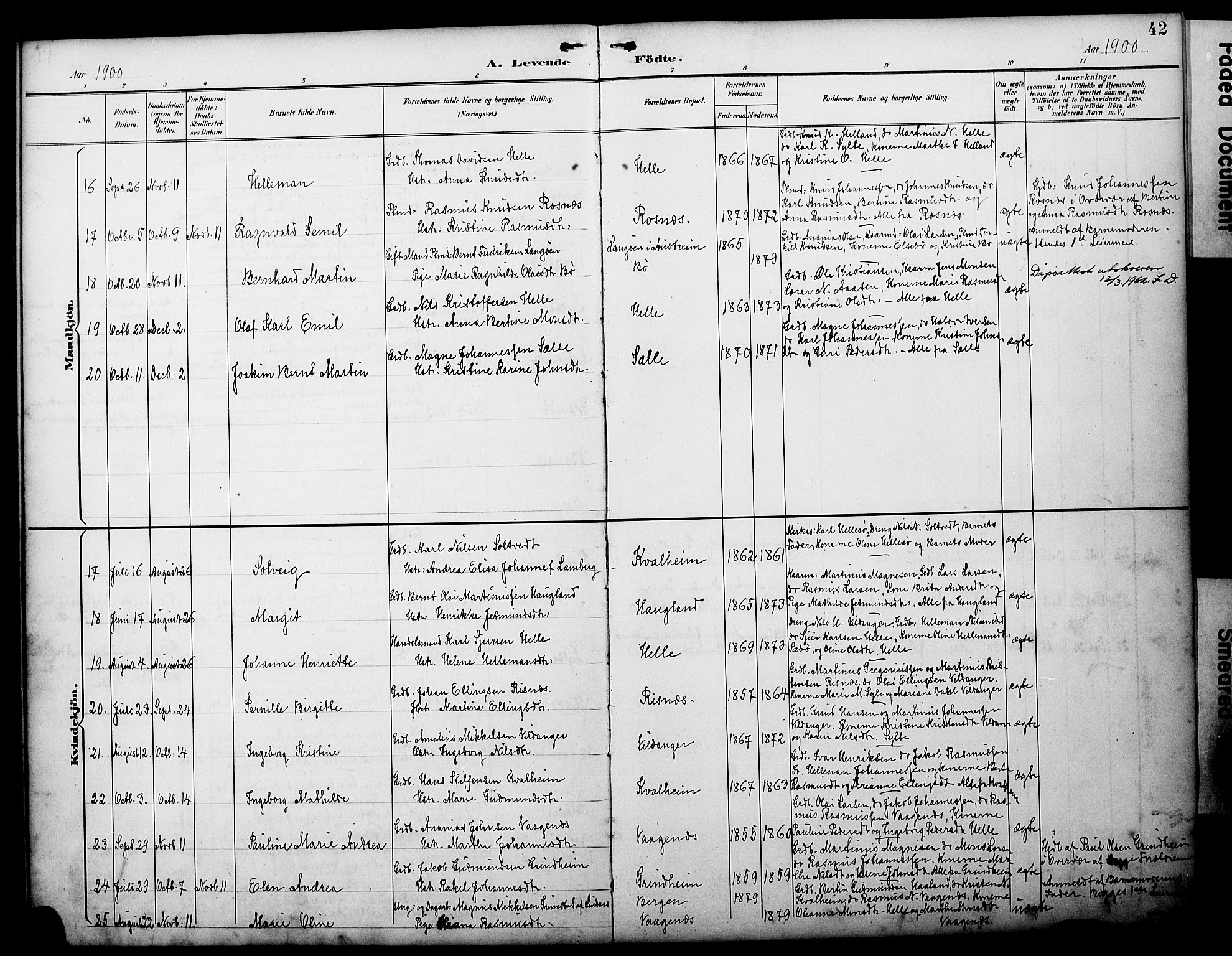 Manger sokneprestembete, AV/SAB-A-76801/H/Haa: Parish register (official) no. C 2, 1891-1902, p. 42