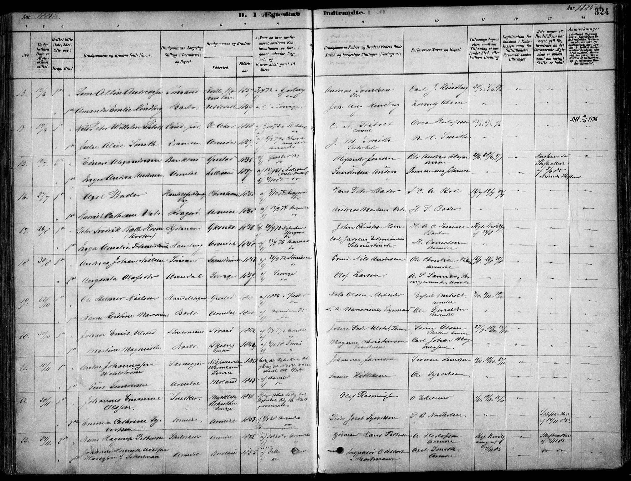Arendal sokneprestkontor, Trefoldighet, SAK/1111-0040/F/Fa/L0008: Parish register (official) no. A 8, 1878-1899, p. 324