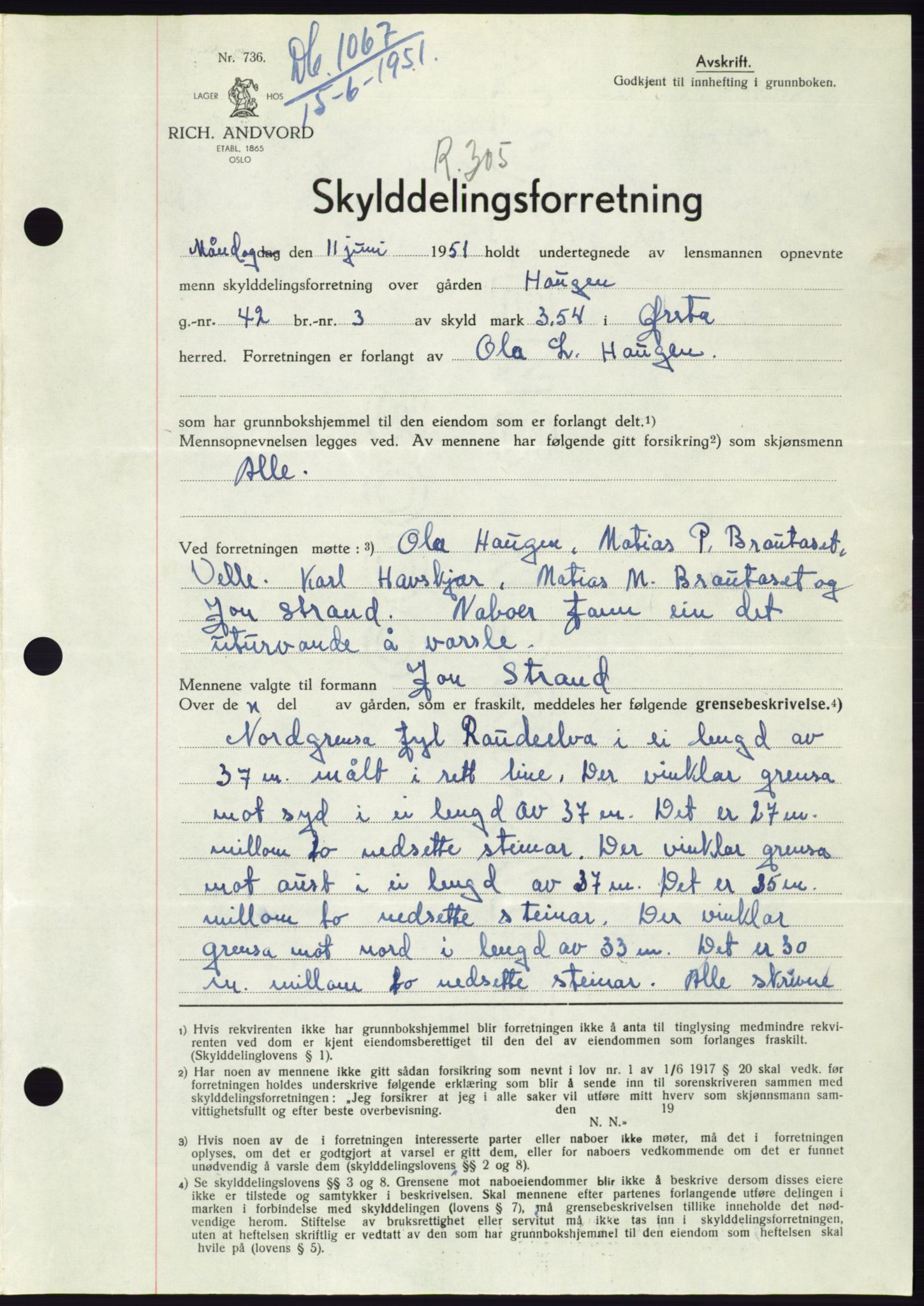 Søre Sunnmøre sorenskriveri, AV/SAT-A-4122/1/2/2C/L0089: Mortgage book no. 15A, 1951-1951, Diary no: : 1067/1951