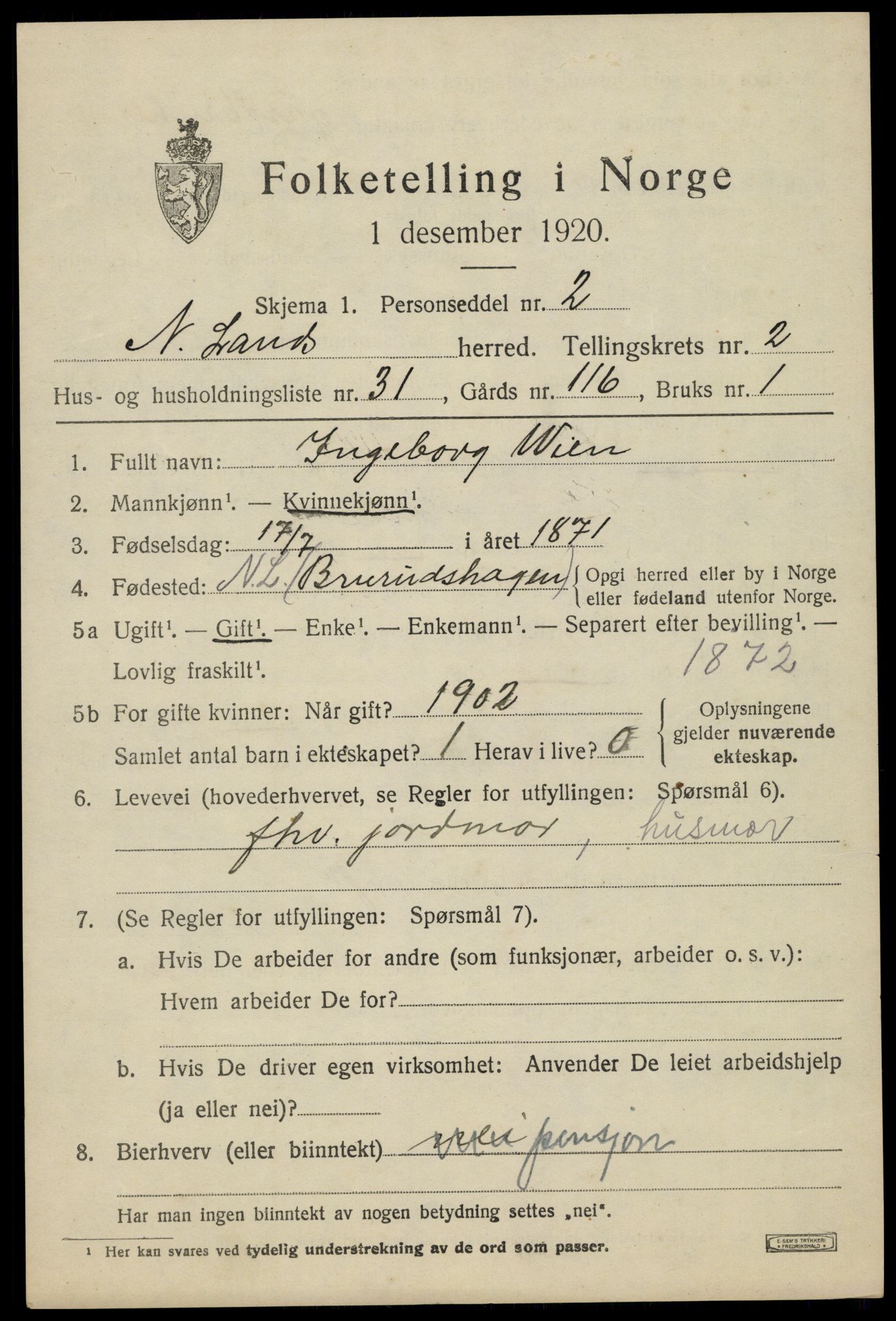 SAH, 1920 census for Nordre Land, 1920, p. 1894