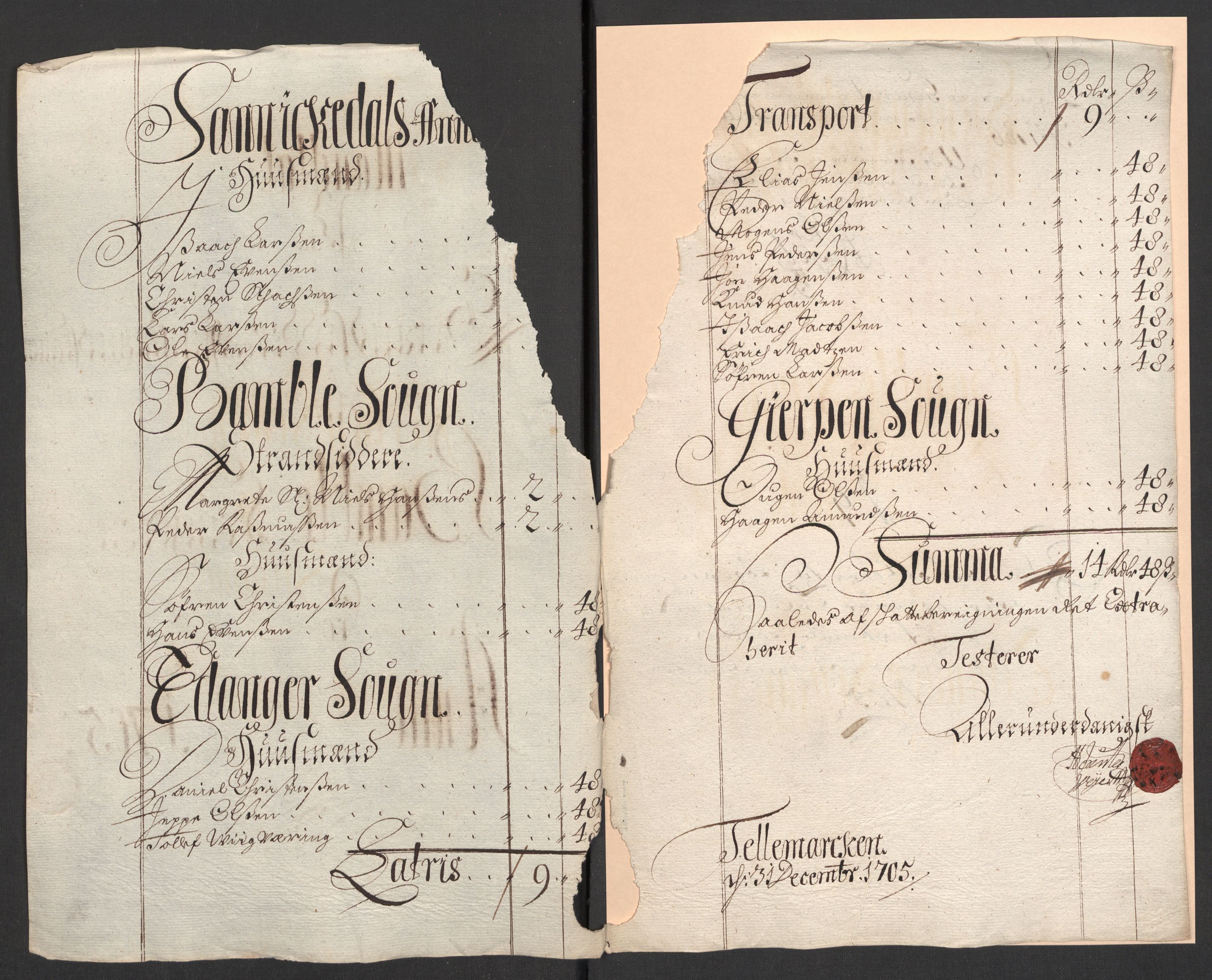 Rentekammeret inntil 1814, Reviderte regnskaper, Fogderegnskap, AV/RA-EA-4092/R36/L2114: Fogderegnskap Øvre og Nedre Telemark og Bamble, 1705, p. 152