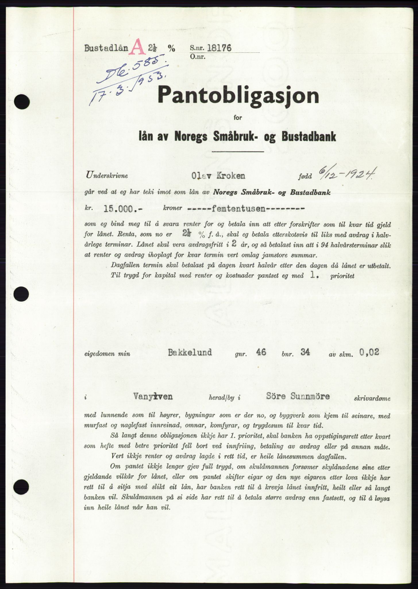 Søre Sunnmøre sorenskriveri, AV/SAT-A-4122/1/2/2C/L0123: Mortgage book no. 11B, 1953-1953, Diary no: : 585/1953