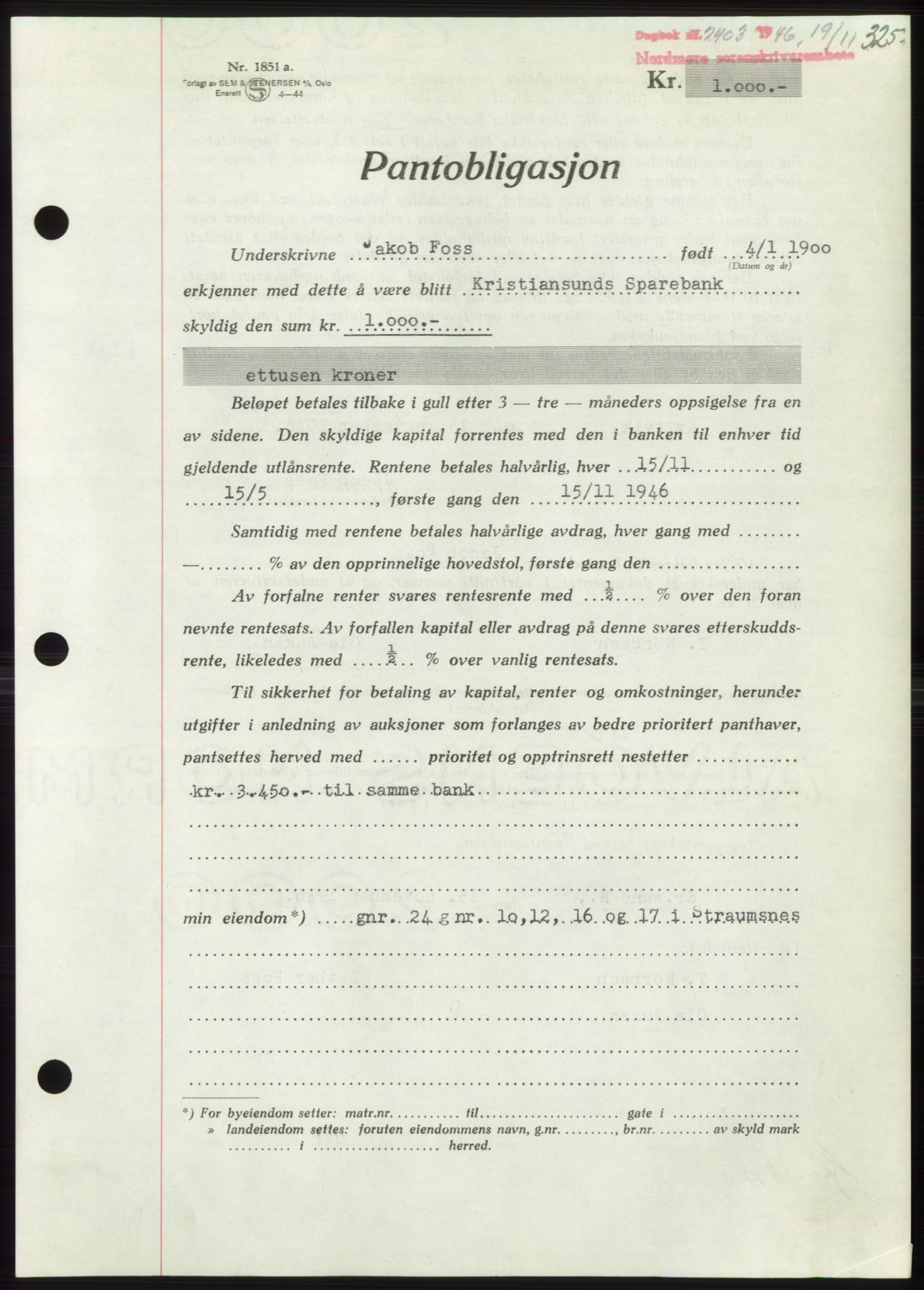 Nordmøre sorenskriveri, AV/SAT-A-4132/1/2/2Ca: Mortgage book no. B95, 1946-1947, Diary no: : 2403/1946