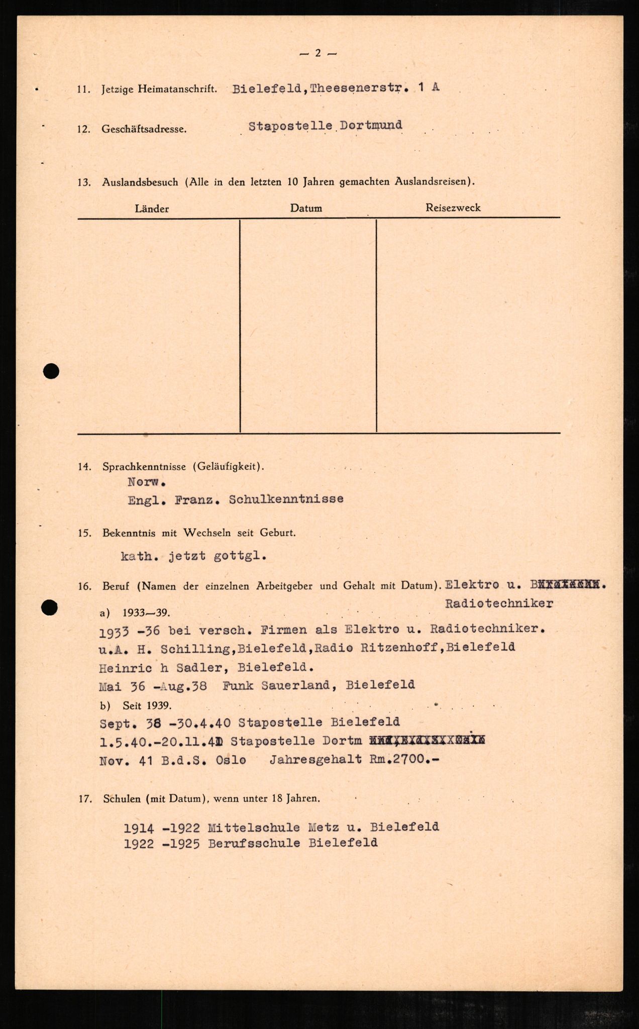 Forsvaret, Forsvarets overkommando II, RA/RAFA-3915/D/Db/L0003: CI Questionaires. Tyske okkupasjonsstyrker i Norge. Tyskere., 1945-1946, p. 277