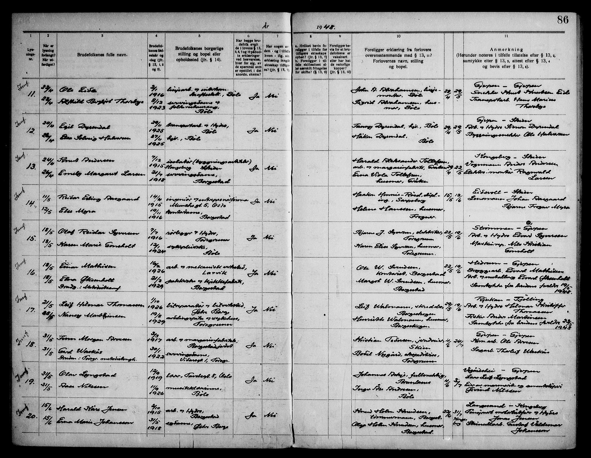 Gjerpen kirkebøker, SAKO/A-265/H/Hb/L0001: Banns register no. II 1, 1920-1950, p. 86