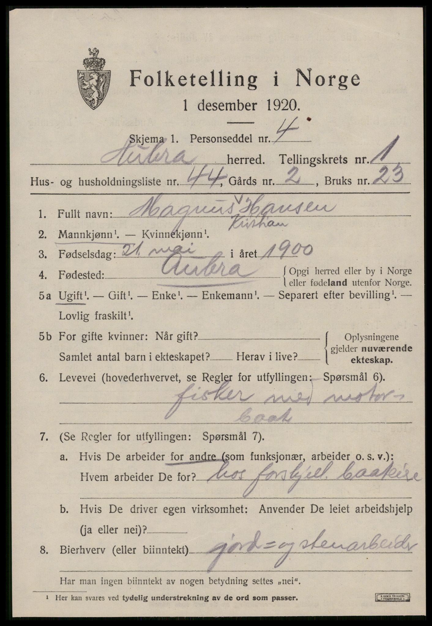 SAT, 1920 census for Aukra, 1920, p. 1609