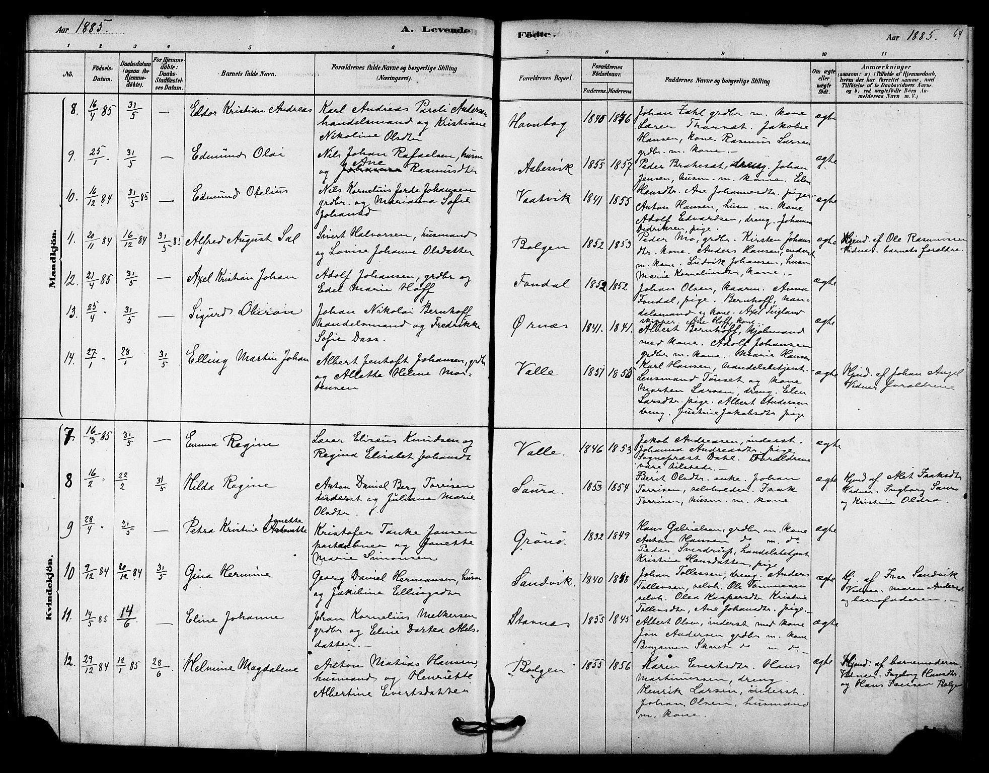 Ministerialprotokoller, klokkerbøker og fødselsregistre - Nordland, SAT/A-1459/843/L0626: Parish register (official) no. 843A01, 1878-1907, p. 64