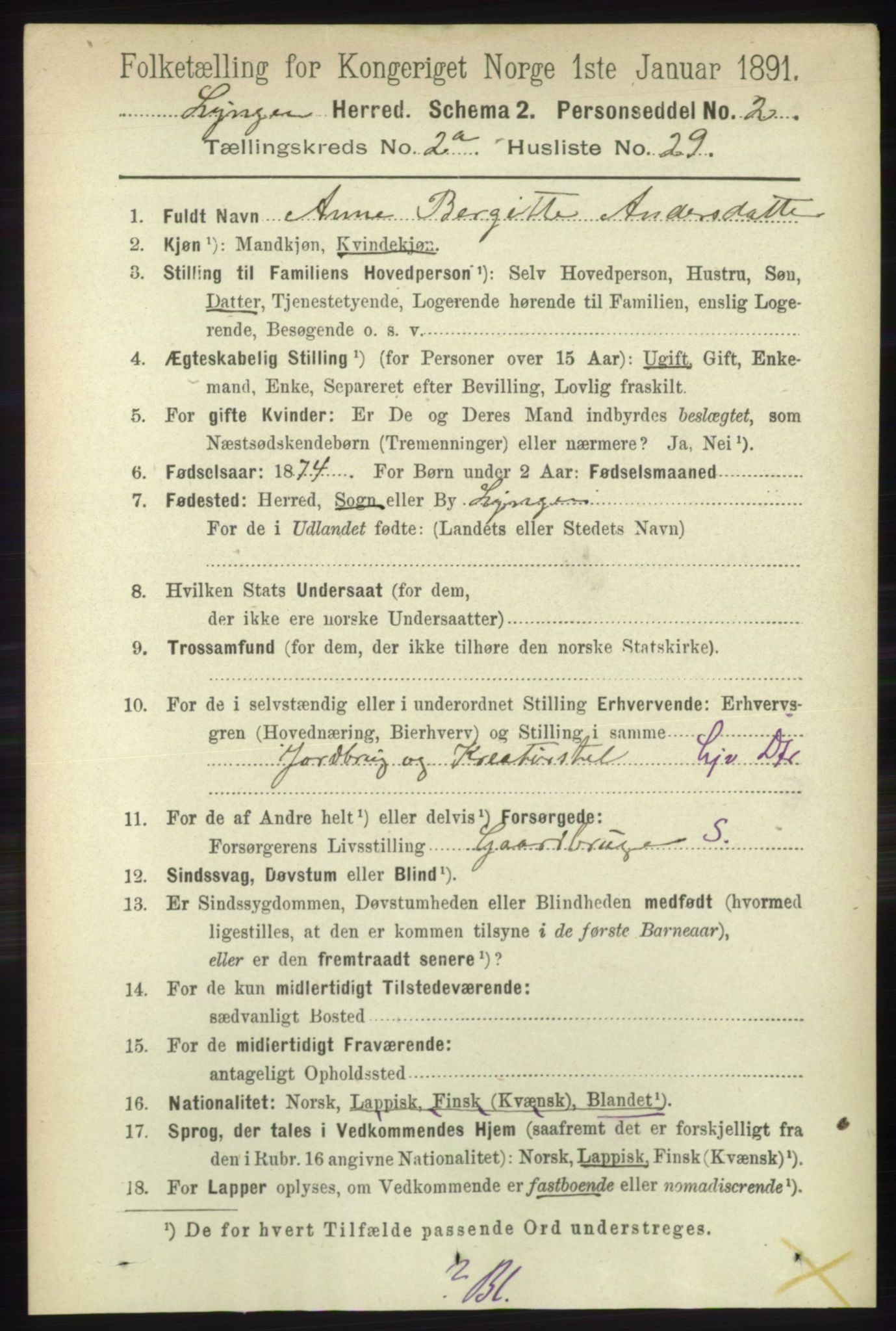 RA, 1891 census for 1938 Lyngen, 1891, p. 2190