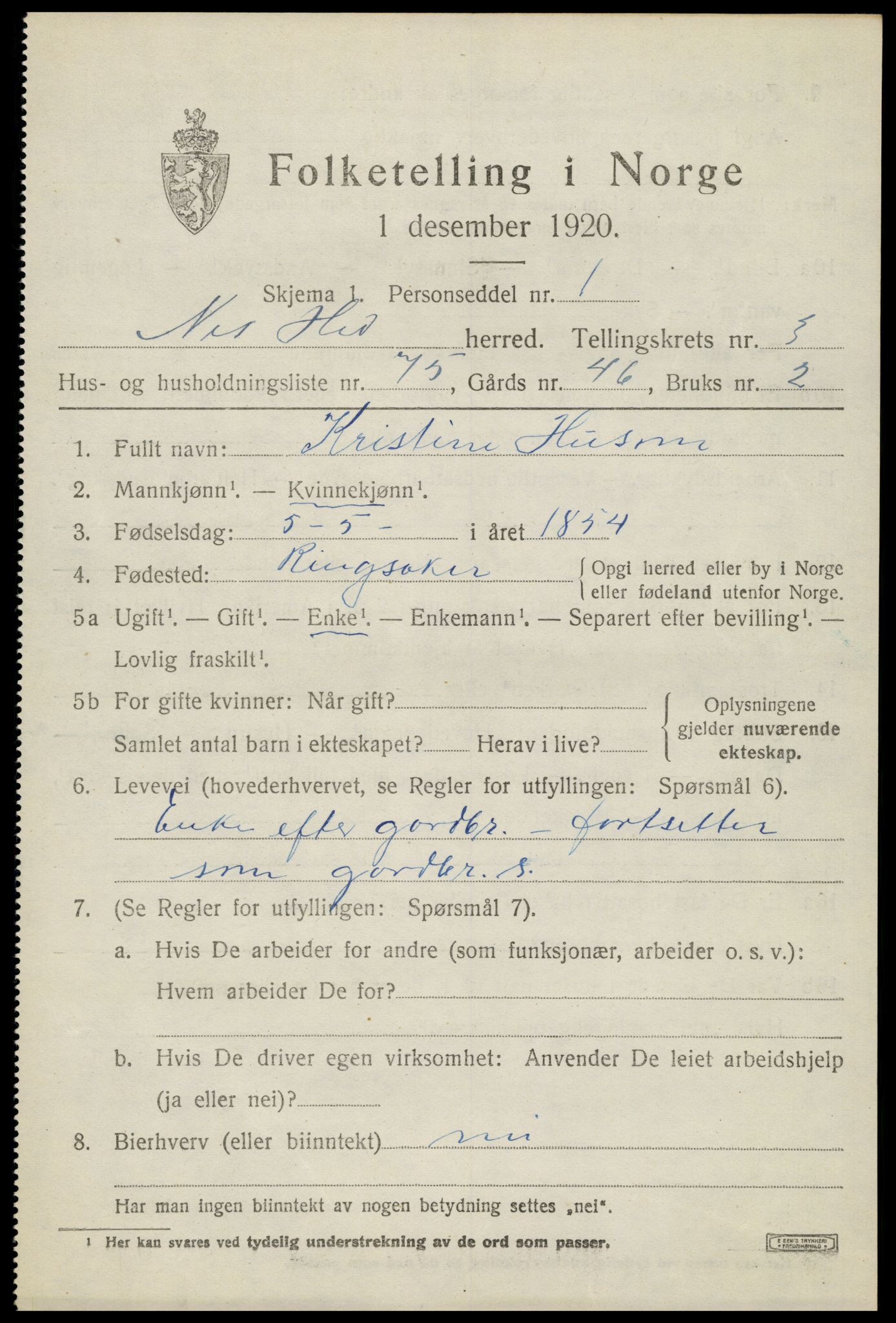 SAH, 1920 census for Nes (Hedmark), 1920, p. 5410