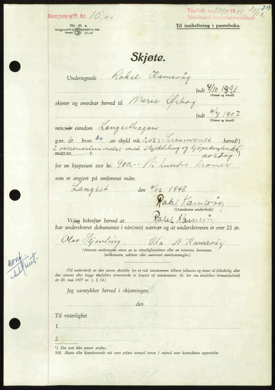 Nordmøre sorenskriveri, AV/SAT-A-4132/1/2/2Ca: Mortgage book no. A110, 1948-1949, Diary no: : 3594/1948